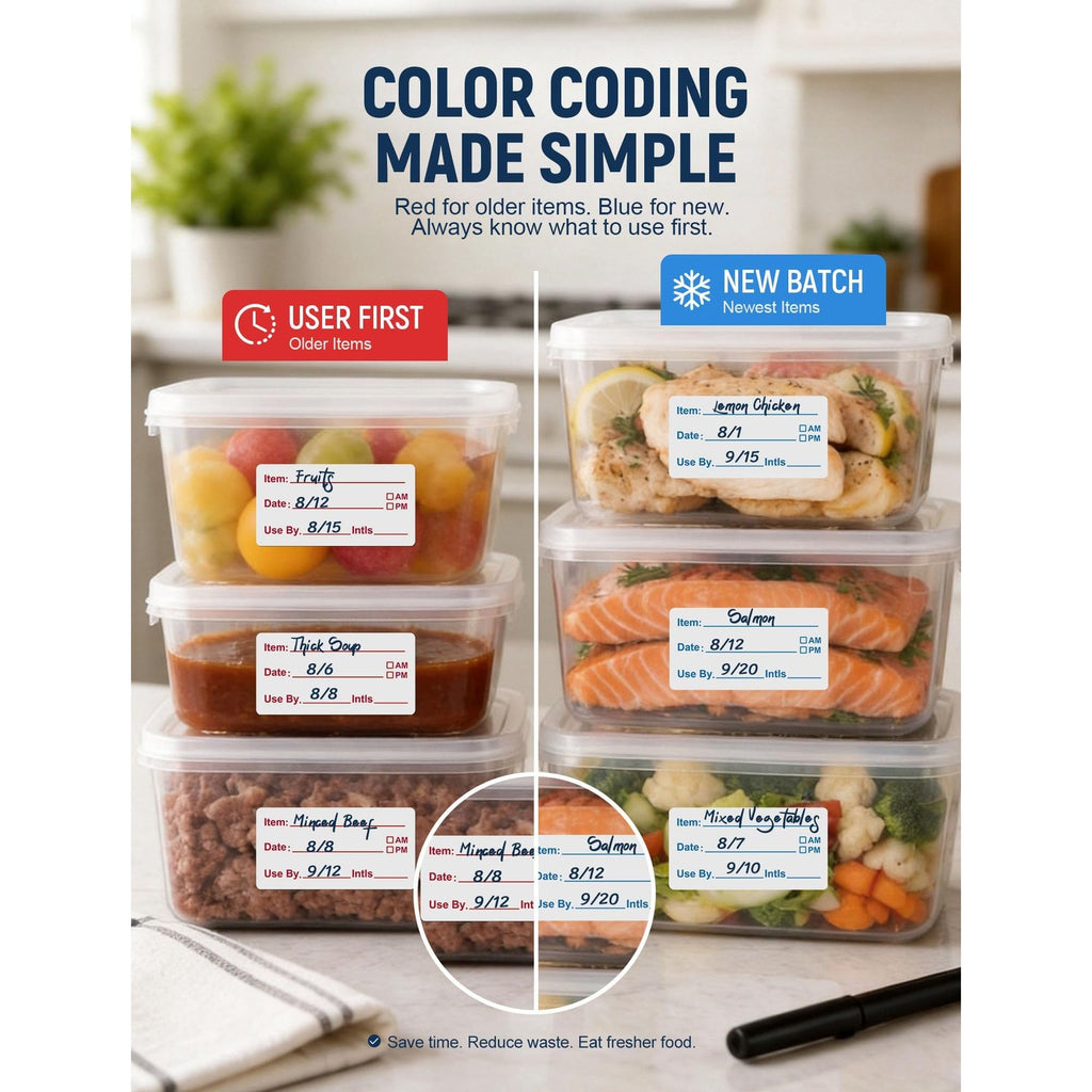 2 Rolls 1000 Pcs Removable Food Labels, 1 x 2 Inch Date Stickers w/Bonus Writing Pen for Freezer Refrigerator Food Containers, Easy to Write on Food Labeling for Food Storage Organization Kitchen Use