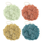 Rnoafmu Shower Loofah Bath Sponge 4 Pack, 60G Exfoliating Body Scrubber | Luffa Mesh Shower Pouf Balls for Men and Women, Rich Lather with Body Wash, Bath Accessories (Blue Gray Green Dark Green)