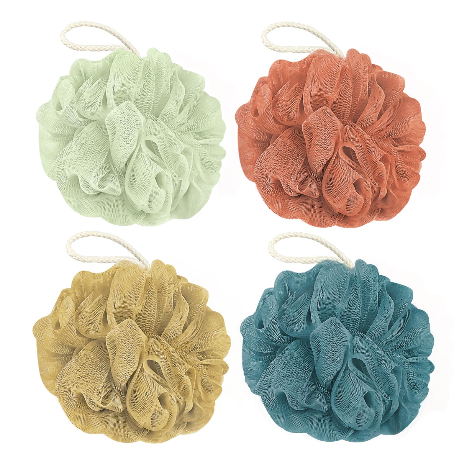 Rnoafmu Shower Loofah Bath Sponge 4 Pack, 60G Exfoliating Body Scrubber | Luffa Mesh Shower Pouf Balls for Men and Women, Rich Lather with Body Wash, Bath Accessories (Blue Gray Green Dark Green)