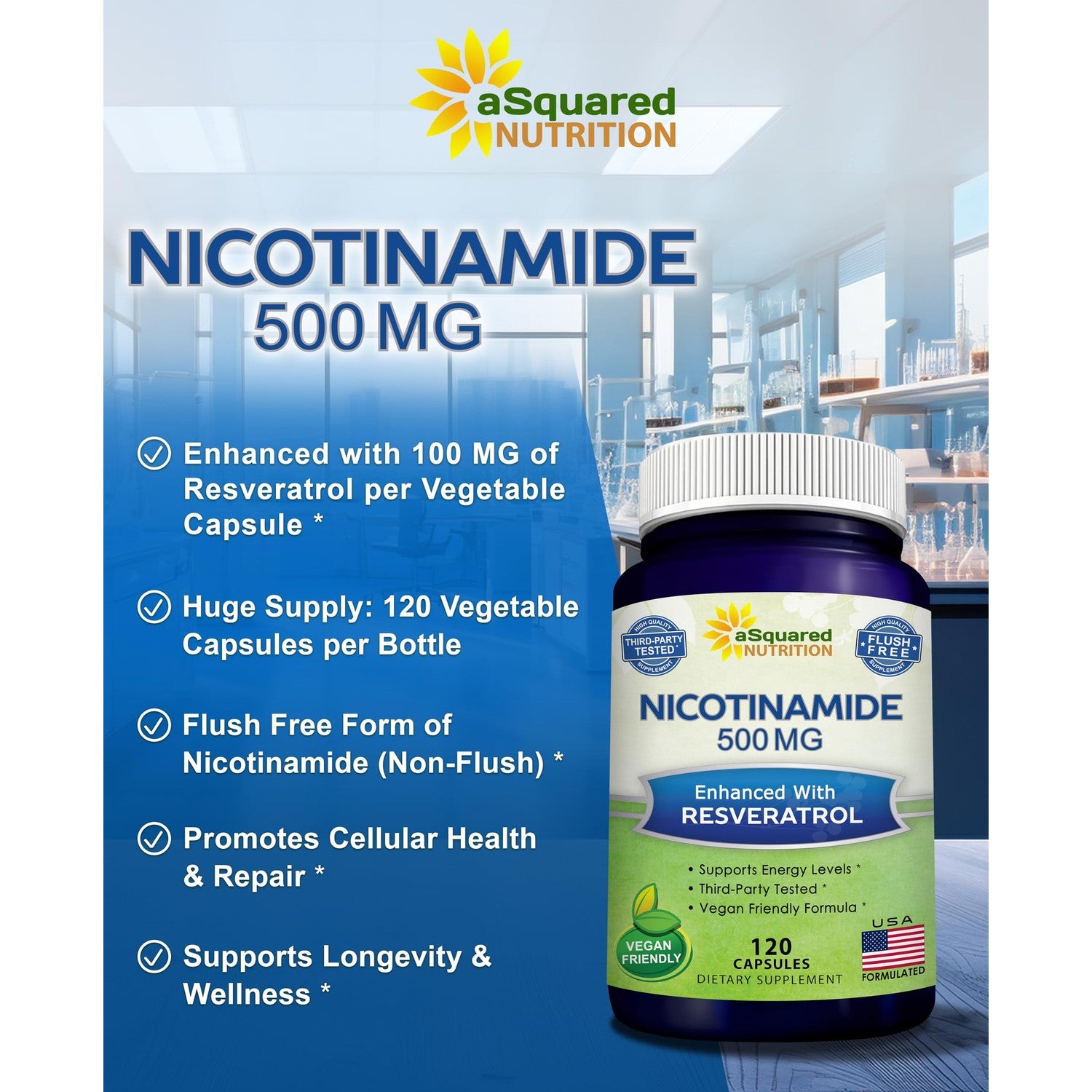 Nicotinamide with Resveratrol - 120 Capsules - Vitamin B3 500mg Supplement | Nicotinamide 500mg (Niacinamide Flush Free) - Vit B3 Pills to Support NAD, Skin Cell Health & Energy