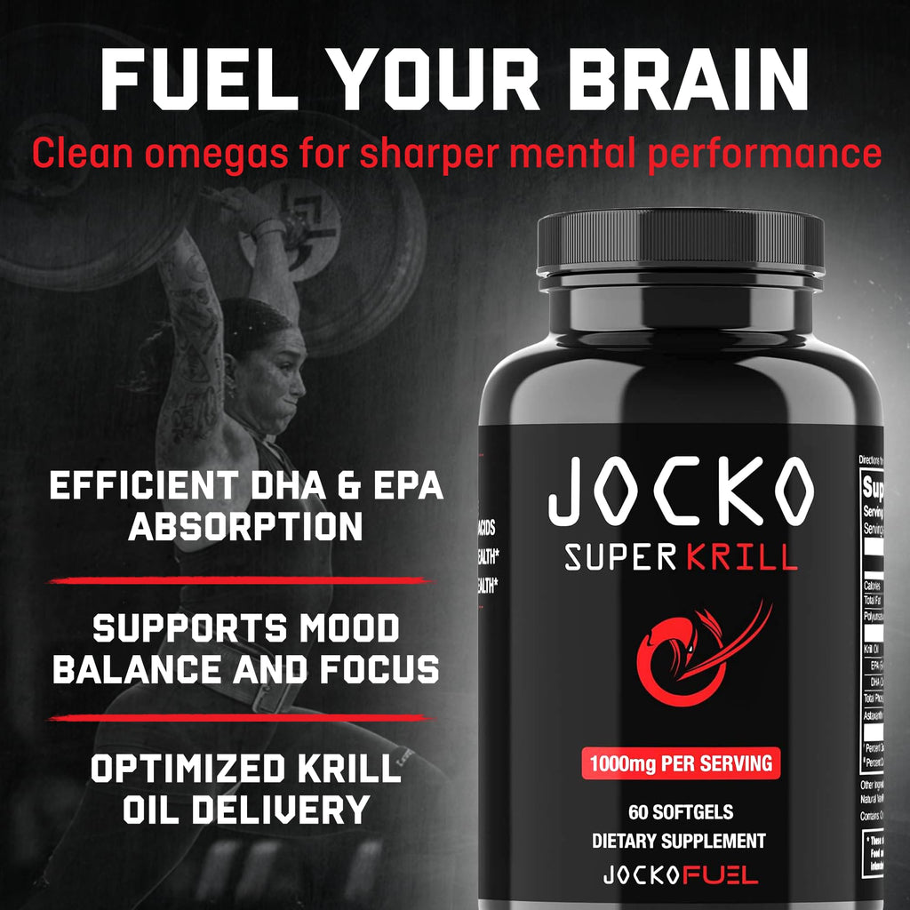 Jocko Fuel Antarctic Krill Oil Omega 3 Fatty Acid Supplements DHA & EPA - 1000mg Softgels - Supports Joints, Mobility & Mental Function (60 Softgels)