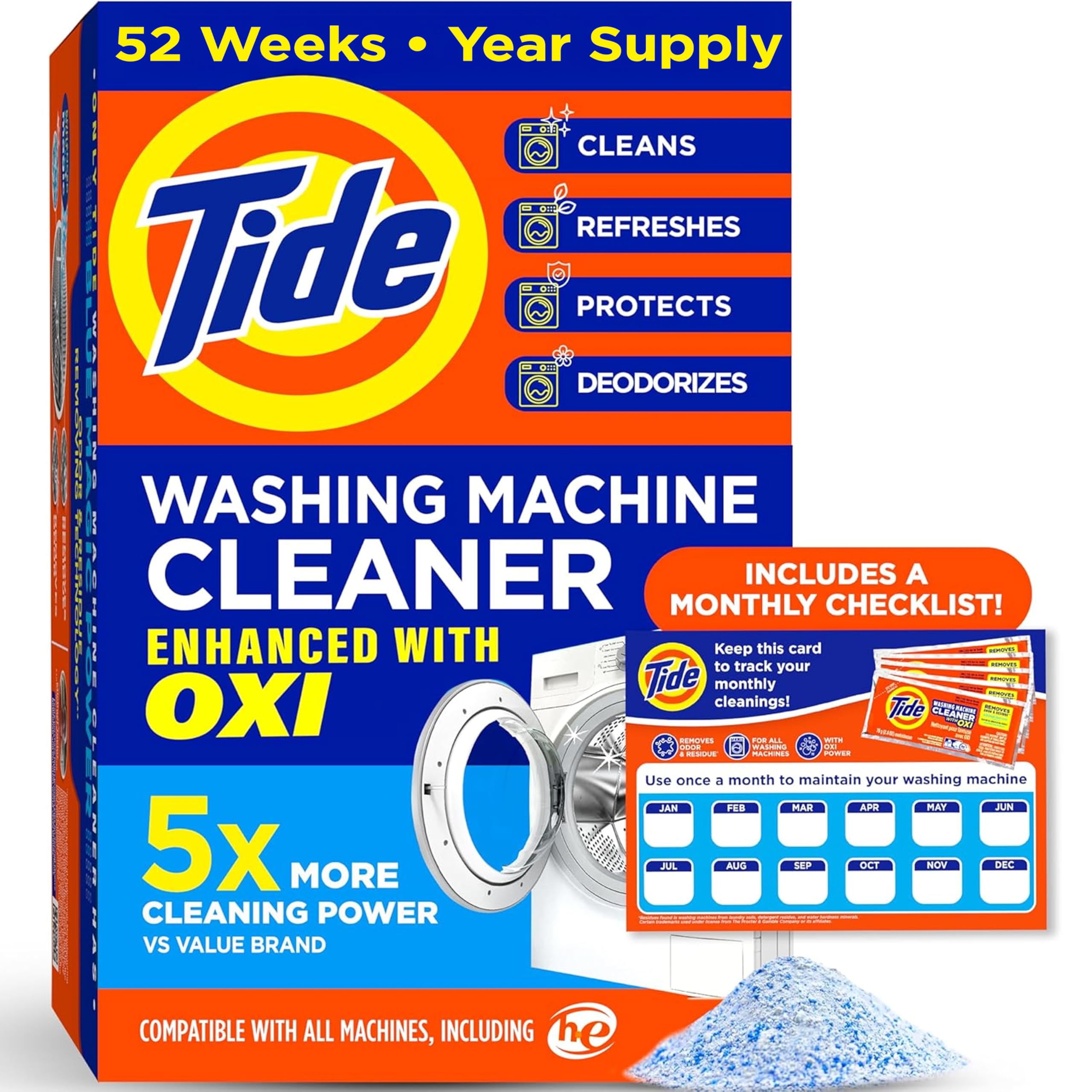 Buy now Tide Washing Machine Cleaner 52 Week Supply with Oxi for Front and Top Loader Washer Machines, Deep Cleaning Residue & Odor Eliminator, 12 Month Supply (Packaging May Vary) at indiglob india
