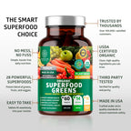 Number One Nutrition USDA Organic and Easy-to-Take Super Greens, Better Than Powder Fruits & Veggies Supplement with 28 Superfood Ingredients Like Alfalfa, Beet Root and Ginger, 120 Tablets