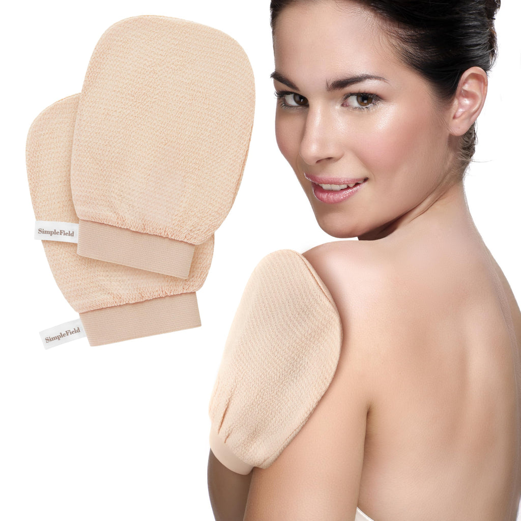 SimpleField Korean Exfoliating Mitt for Remove Dead Skin. 2 Pack 100% Viscose Kessa Deep Exfoliating Gloves for Body Scrub, Keratosis Pilaris and Self Tanning Removal. Easily Smooth Skin Surface.