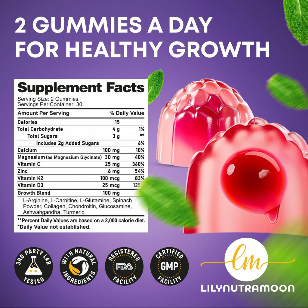 Height Growth Gummies for Kids & Teens - Calcium, Vitamin D3 + K2, Zinc, Magnesium, L-Arginine, Vitamin C - Multivitamin for Teen Boys & Girls - Grow Taller Supplement for Kids Height - 60 Gummies