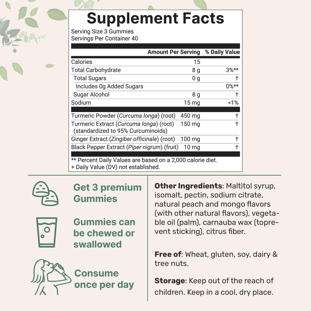 Turmeric Ginger Gummies, 120 Count | Sugar Free Peach Mango Flavored | Extra Strength Curcumin with Black Pepper for Enhanced Absorption | Non-GMO