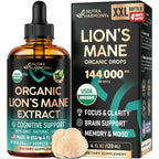 Lions Mane Liquid - USDA Organic Lions Mane Supplement 72,000 mg - 2 Oz | Lion's Mane Mushroom Extract - Brain Support, Energy, Memory & Focus - Sugar & Alcohol-Free - Tincture for Women & Men