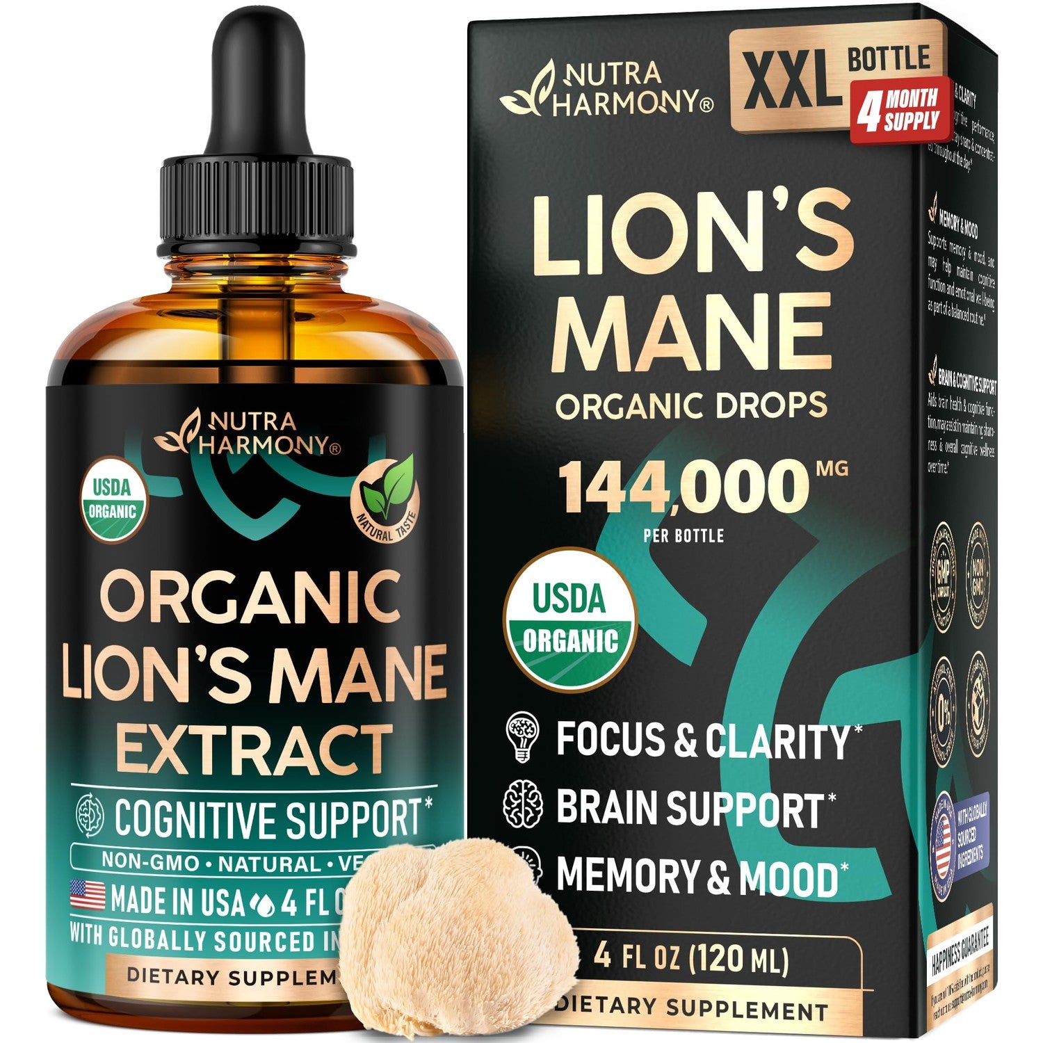 Lions Mane Liquid - USDA Organic Lions Mane Supplement 72,000 mg - 2 Oz | Lion's Mane Mushroom Extract - Brain Support, Energy, Memory & Focus - Sugar & Alcohol-Free - Tincture for Women & Men