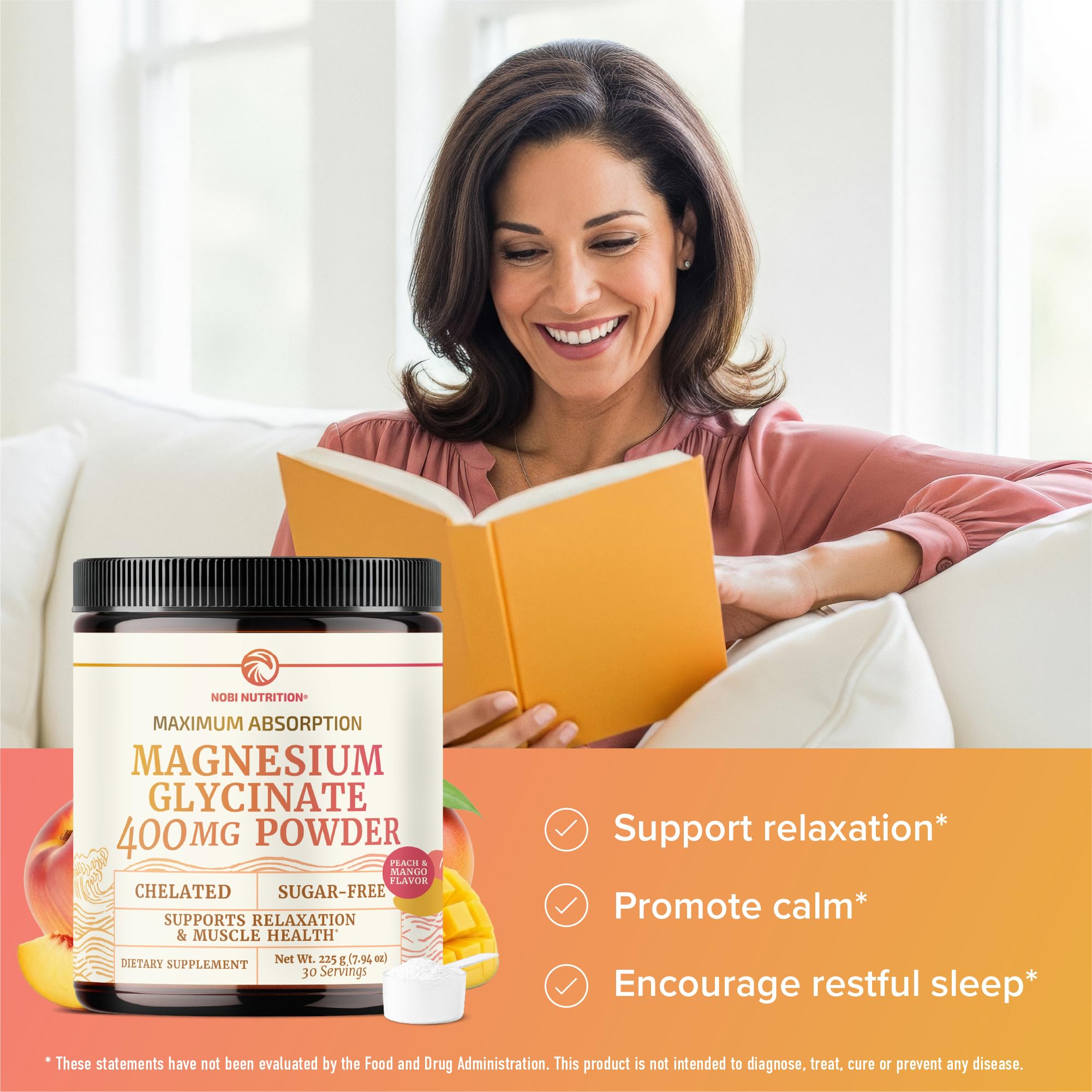 Magnesium Glycinate Powder 400MG, Sleep & Relaxation Support, Sugar-Free | Tasty Peach Mango Flavor, High Absorption Chelated Magnesium Powder, Vegan, Gluten-Free, Non-GMO, 30 Servings, 225g (7.94oz)