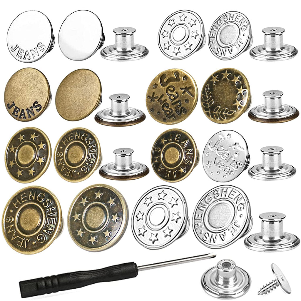 32 Sets Button Pins for Loose Jeans, 17mm and 20mm Jean Buttons Replacement