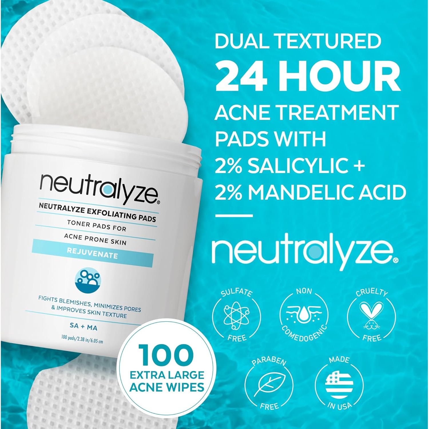 Buy now Neutralyze Exfoliating Acne Treatment Pads (100 Count) - Dual Textured Face Wipes with 2% Salicylic Acid & 2% Mandelic Acid - Toner Pads for Acne Prone Skin, Face & Body Wipes for Teens & Adults at indiglob india