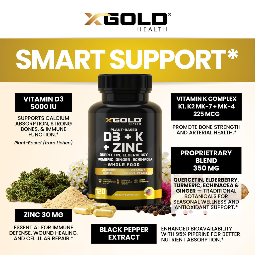 Vitamin D, K2, K1, Zinc, Quercetin, Elderberry, Turmeric, Ginger & Echinacea Whole Food Supplement 8 in 1- D3 5000 IU Plant-Based from Lichen, Vitamin K (K2 MK7, MK4, K1), D3 K2 Vitamins -120 Capsules