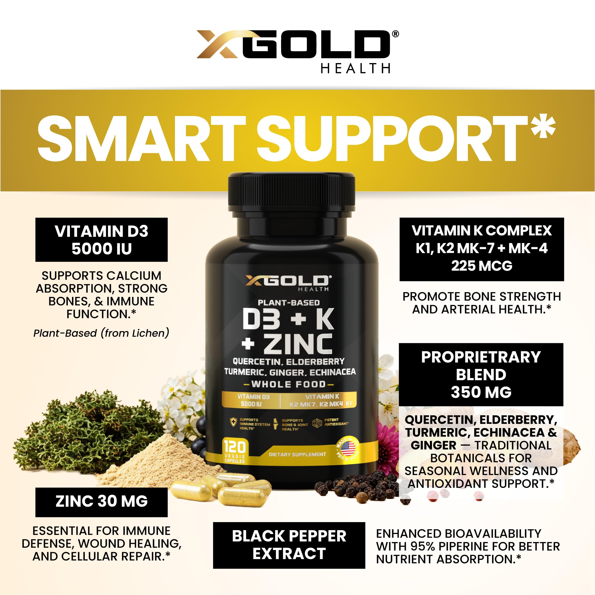 Vitamin D, K2, K1, Zinc, Quercetin, Elderberry, Turmeric, Ginger & Echinacea Whole Food Supplement 8 in 1- D3 5000 IU Plant-Based from Lichen, Vitamin K (K2 MK7, MK4, K1), D3 K2 Vitamins -120 Capsules