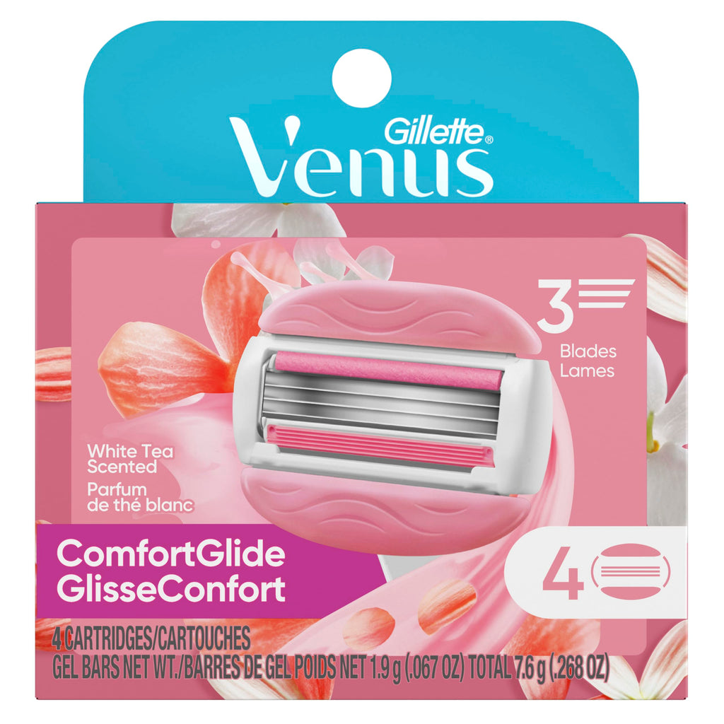 Gillette Venus ComfortGlide White Tea Women's Razor Refills, 4 Refill Cartridges, Fits Venus Reusable Razor Handles, 3-Bladed with Built-in Shave Gel Bars