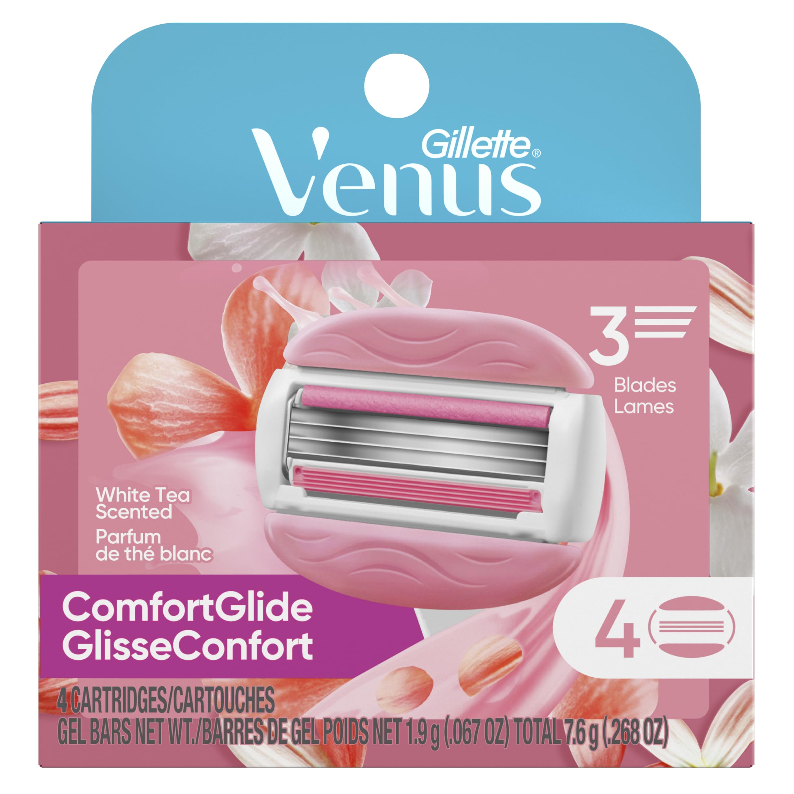Gillette Venus ComfortGlide White Tea Women's Razor Refills, 4 Refill Cartridges, Fits Venus Reusable Razor Handles, 3-Bladed with Built-in Shave Gel Bars