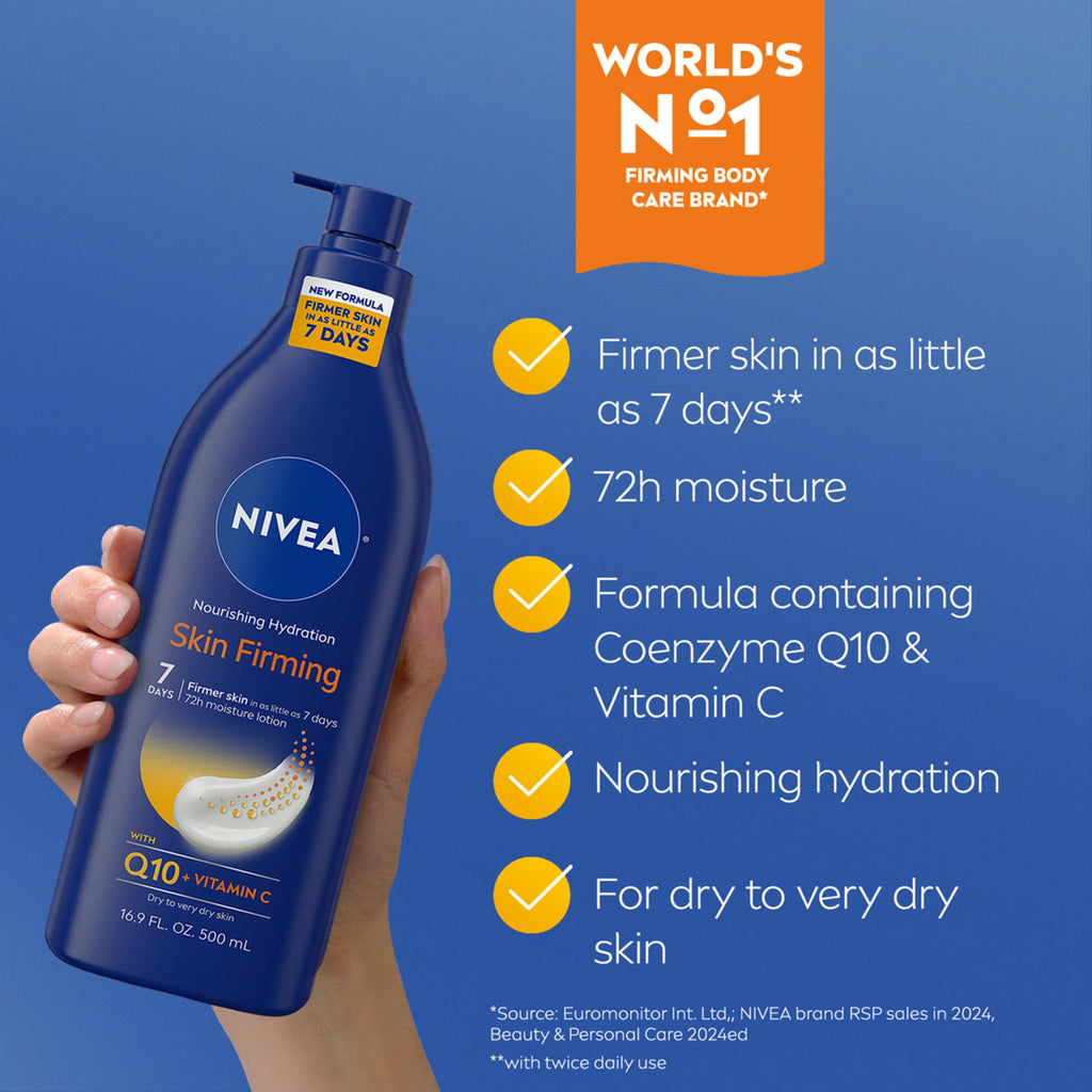 NIVEA Nourishing Hydration Skin Firming Body Lotion, 16.9 FL OZ | Q10 and Vitamin C Enriched Skin Firming Body Lotion for Dry Skin to Very Dry Skin, 72-Hour Body Moisturizer, Paraben Free