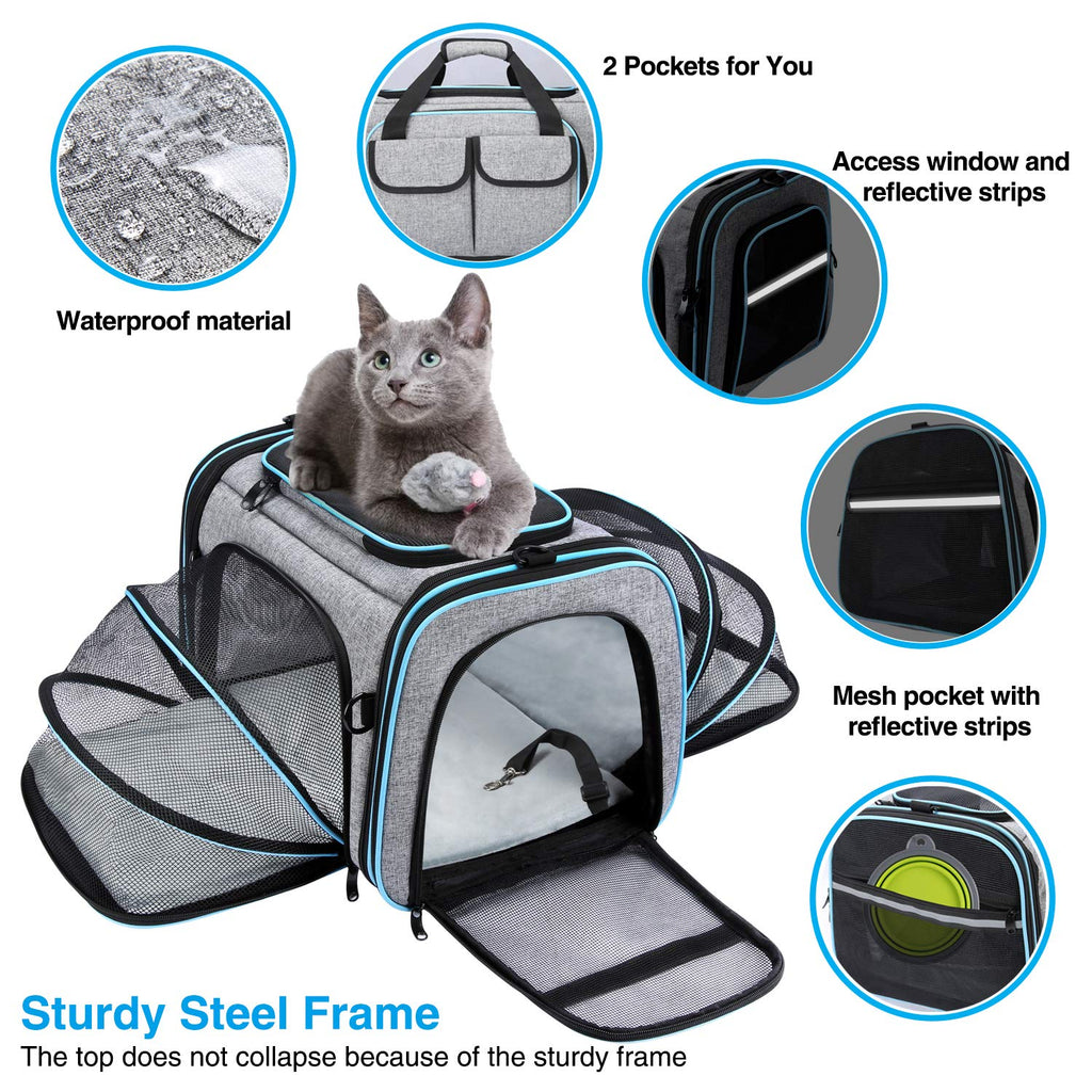 Airline Approved Pet Carrier, Large Soft Sided Pet Travel TSA Carrier 4 Sides Expandable Cat Collapsible Carriers with Removable Fleece Pad and Pockets for Cats Dogs and Small Animals