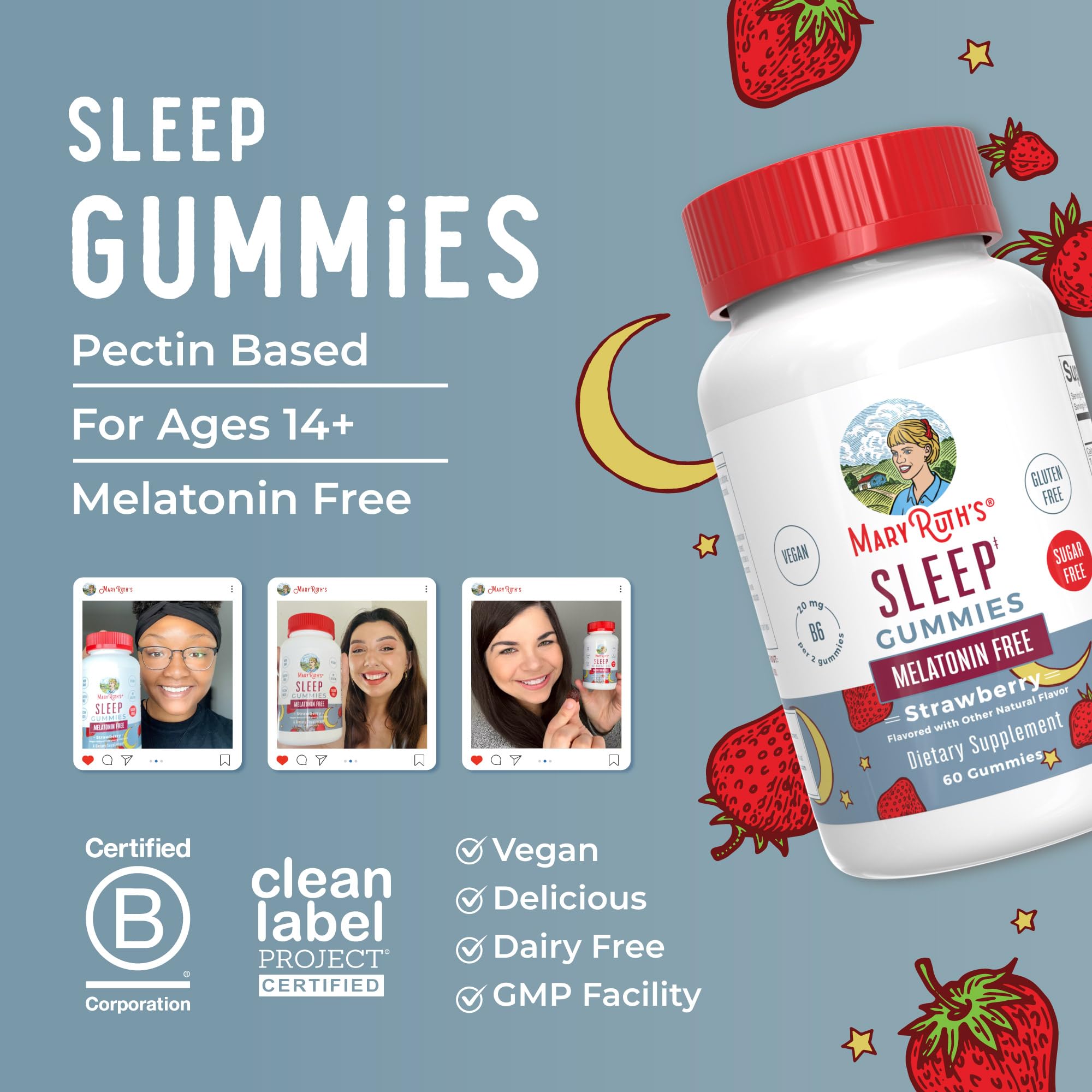 MARYRUTH'S Melatonin Free Sleep Gummies, L Theanine, Sugar Free, 60 Count | L Theanine, Lemon Balm Leaf, Chamomile, Vitamin B6, 60 Count