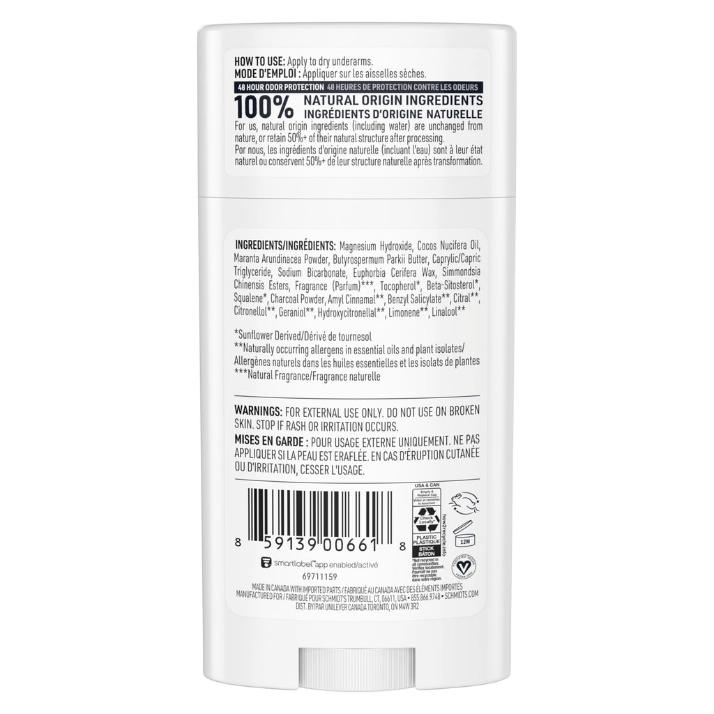 Schmidt's Aluminum-Free Vegan Deodorant Charcoal & Magnesium with 48 Hour Odor Protection, 2 Count for Women and Men, Natural Ingredients, Cruelty-Free, 2.65 oz, Pack of 2