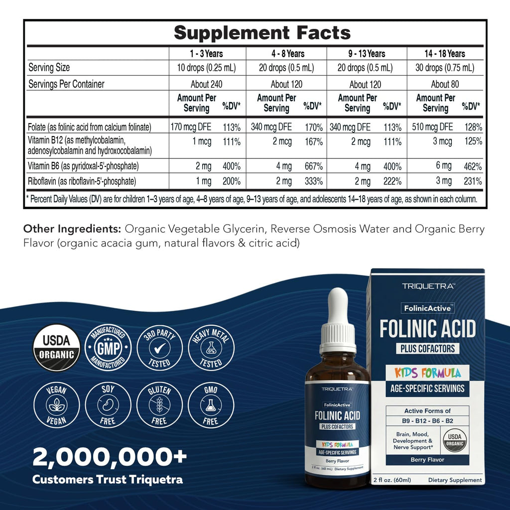 Organic FolinicActive Kids - Folinic Acid + B12, B6 & B2 Cofactors - Gentle Methylation Support for Mood, Energy & Cognition, Age Adjustable Dosing for Kids 1-18, Non GMO, Vegan, Berry Flavor (60mL)