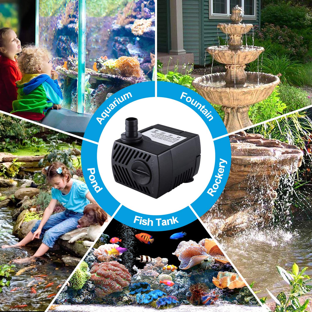 CWKJ Fountain Pump, 80GPH(4W 300L/H) Submersible Water Pump, Durable Outdoor Fountain Water Pump with 4.9ft Tubing (ID x 1/3-Inch), 3 Nozzles for Aquarium, Pond, Fish Tank, Water Pump Hydroponics