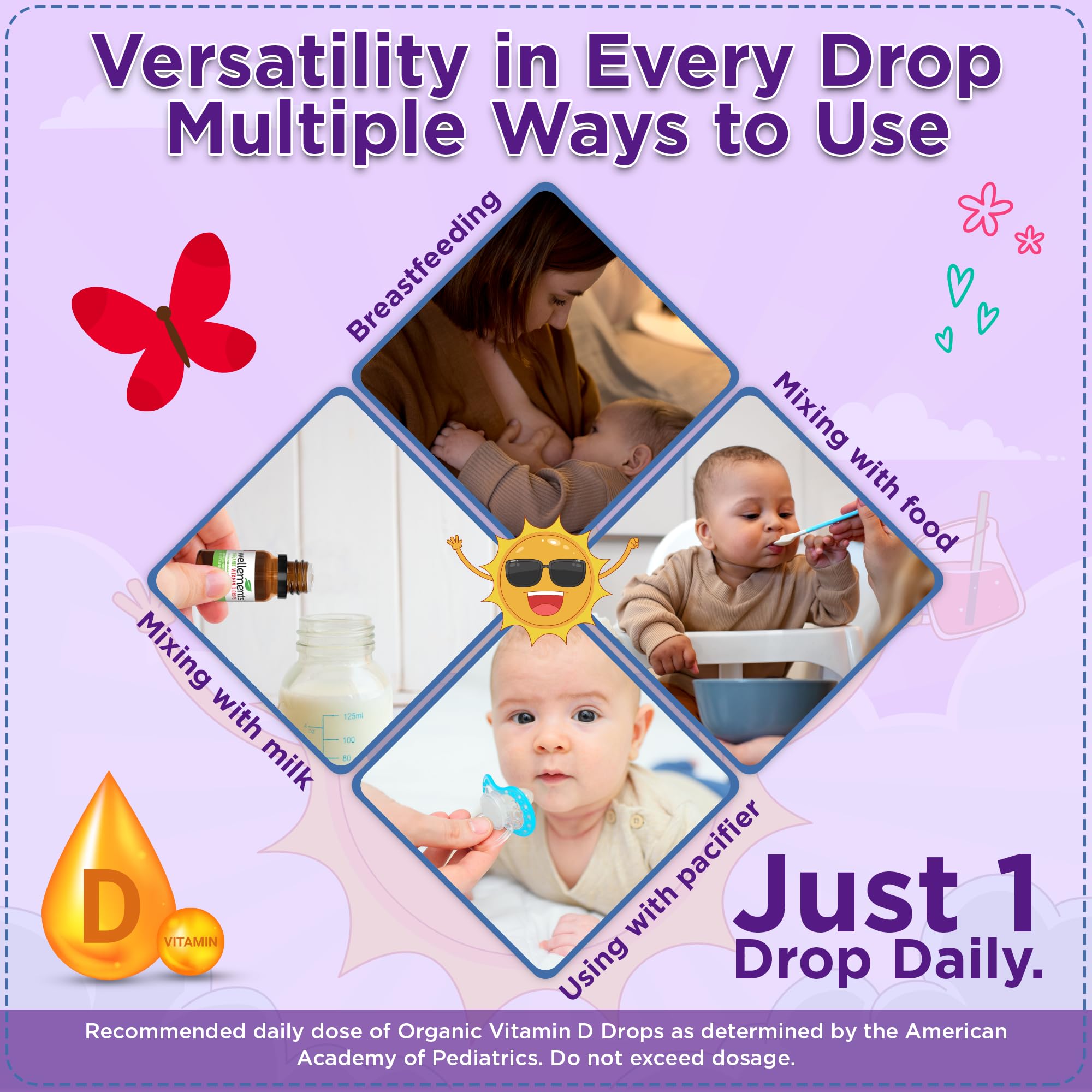 Wellements Organic Baby Vitamin D3 Liquid Drop 400IU Newborn+ 90 Day Supply | Certified Newborn+ Liquid Vitamin D3 Drops, Support Healthy Growth & Bone Development 400 IU per Drop (1 Drop Daily)
