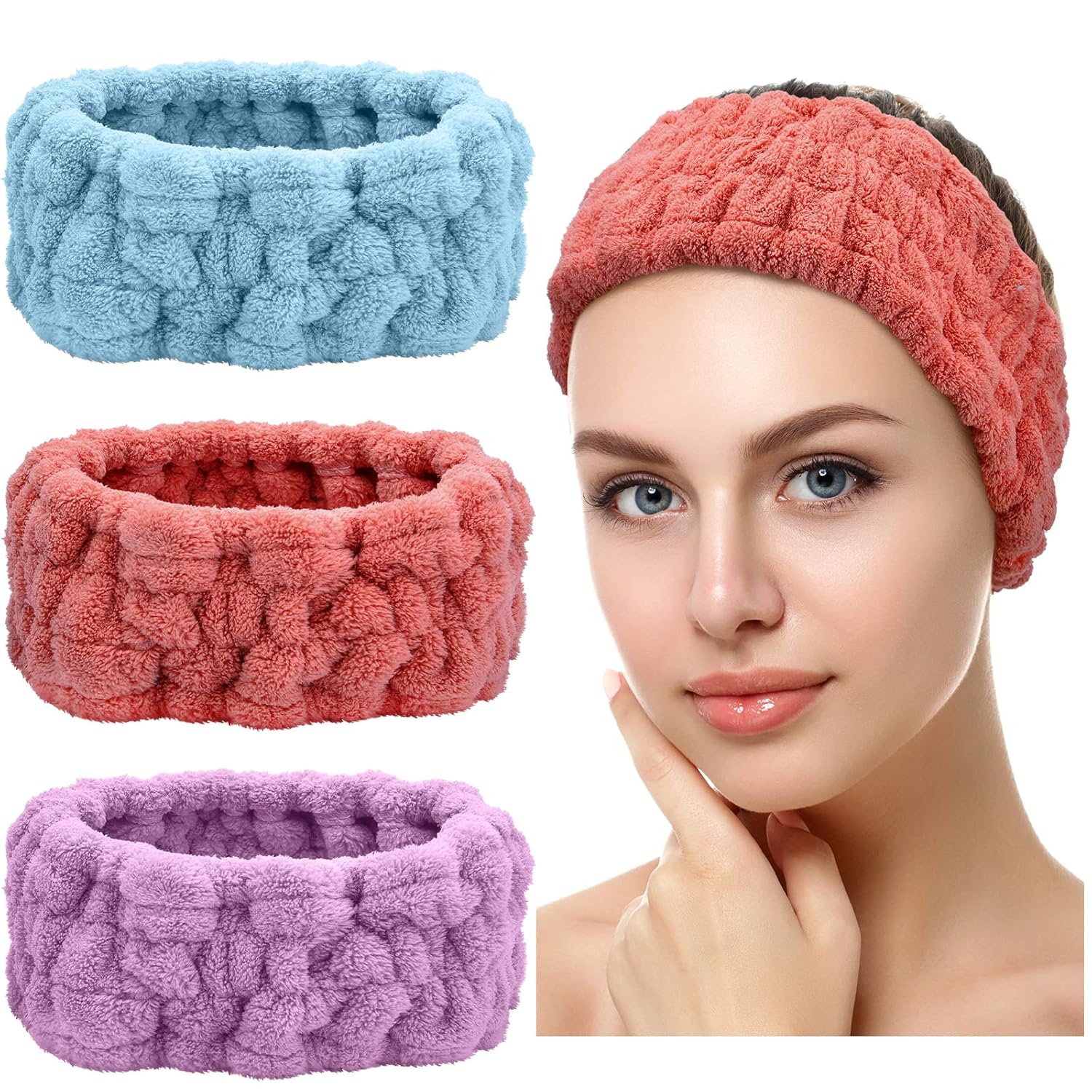 Buy now Chuangdi 3 Pieces Spa Headband for Women Facial Makeup Headband Soft Terry Cloth Hairband for Washing Face Mask Spa Shower Gifts(Dark Pink, Dark Blue, Milky-White) Red, Blue, Purple at indiglob india