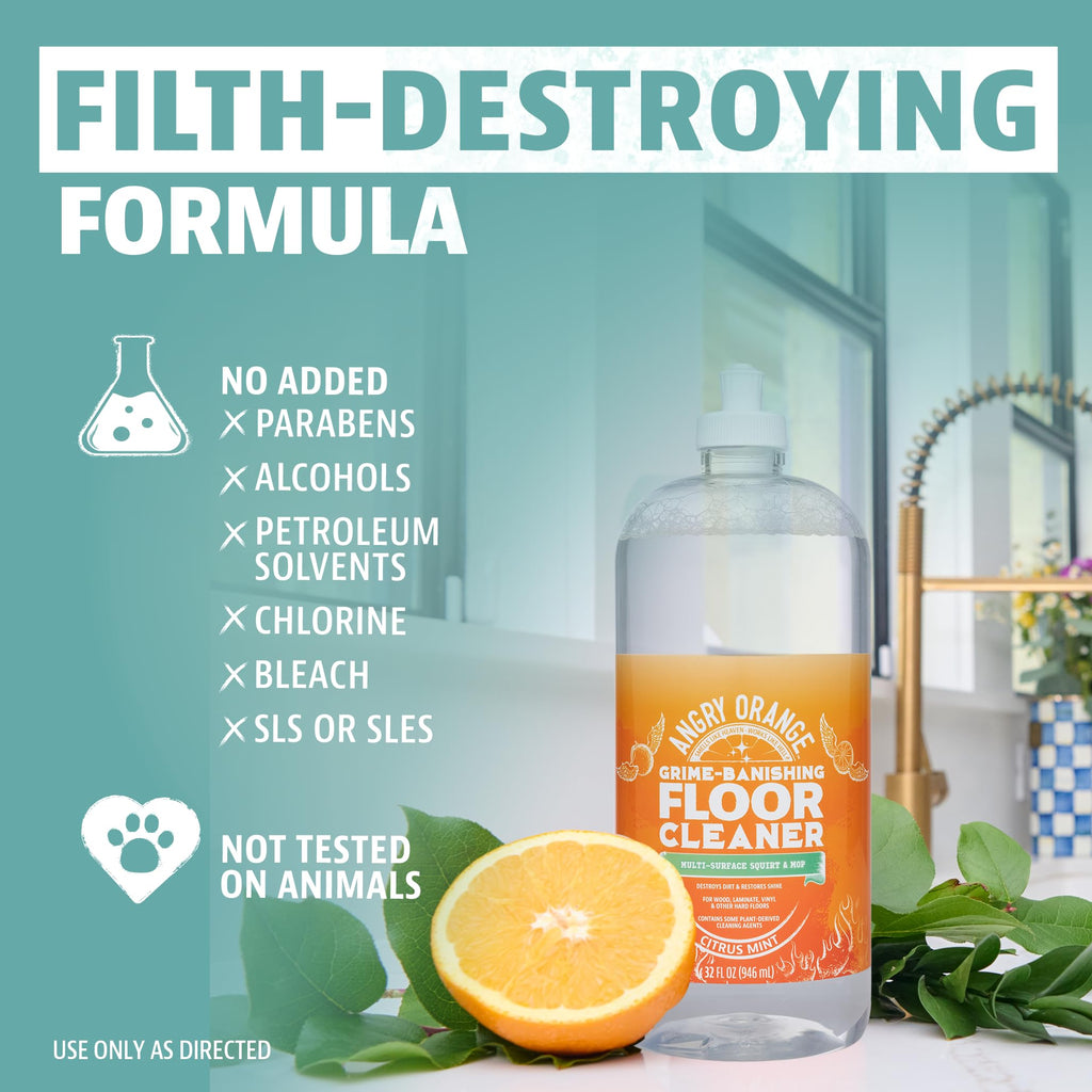ANGRY ORANGE Hardwood Floor Cleaner - No-Rinse, Pet-Safe, Residue Free Multi-surface Cleaning Solution for Pet Urine, Grime & Everyday Dirt - Made in USA - Citrus Mint - 32 oz - Value 2 Pack