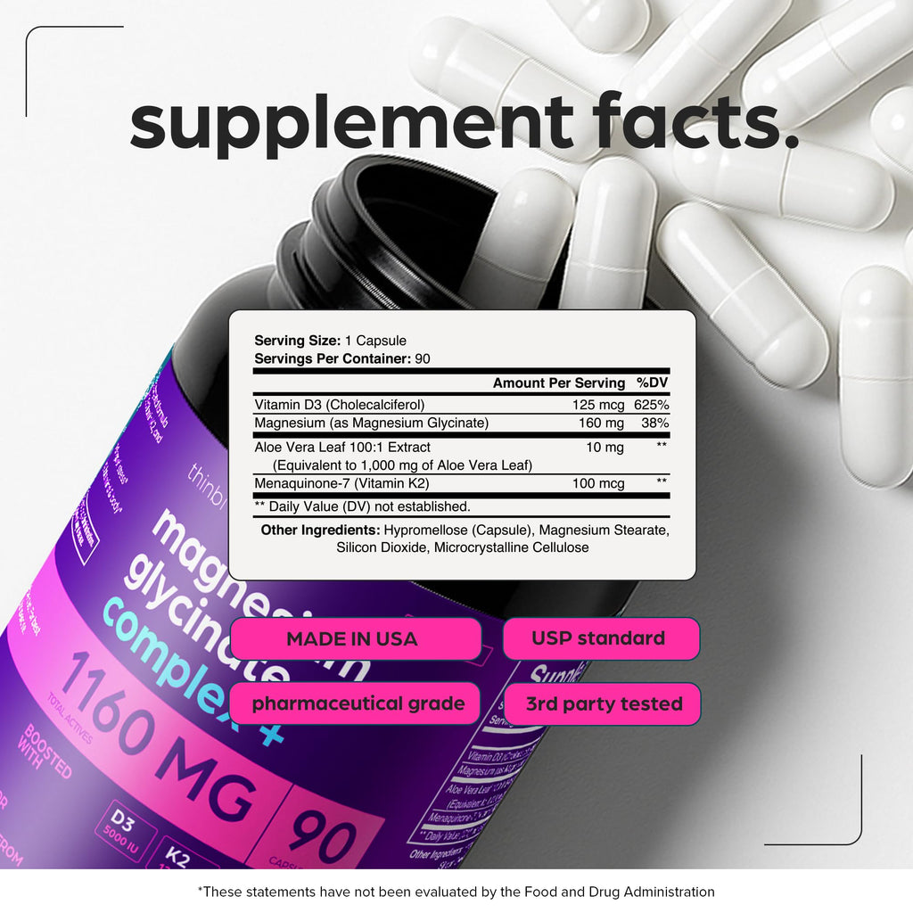 Thinbi Magnesium Glycinate Complex for Women & Men, D3, K2 & Aloe, 90 Caps