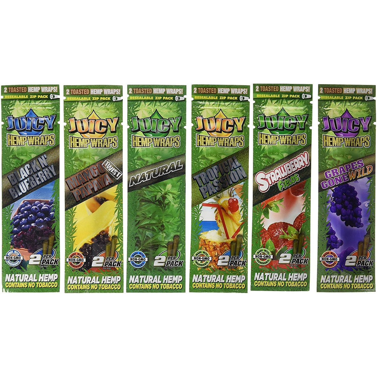 12 Total Natural Juicy Jays Hemp Wraps Variety Pack Bundle Mixed Flavors (6 Packs of 2) Made of Pure Hemp Non Tobacco + Limited Beamer Smoke Sticker