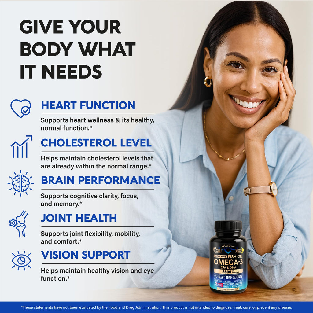 Omega 3 Fish Oil 3600 mg - Omega 3 Supplement for Men & Women - 90 Softgels | Omega 3 EPA & DHA - Heart, Brain & Joint Support - Purified Fish Oil | Heavy Metals Tested - Lemon Flavored