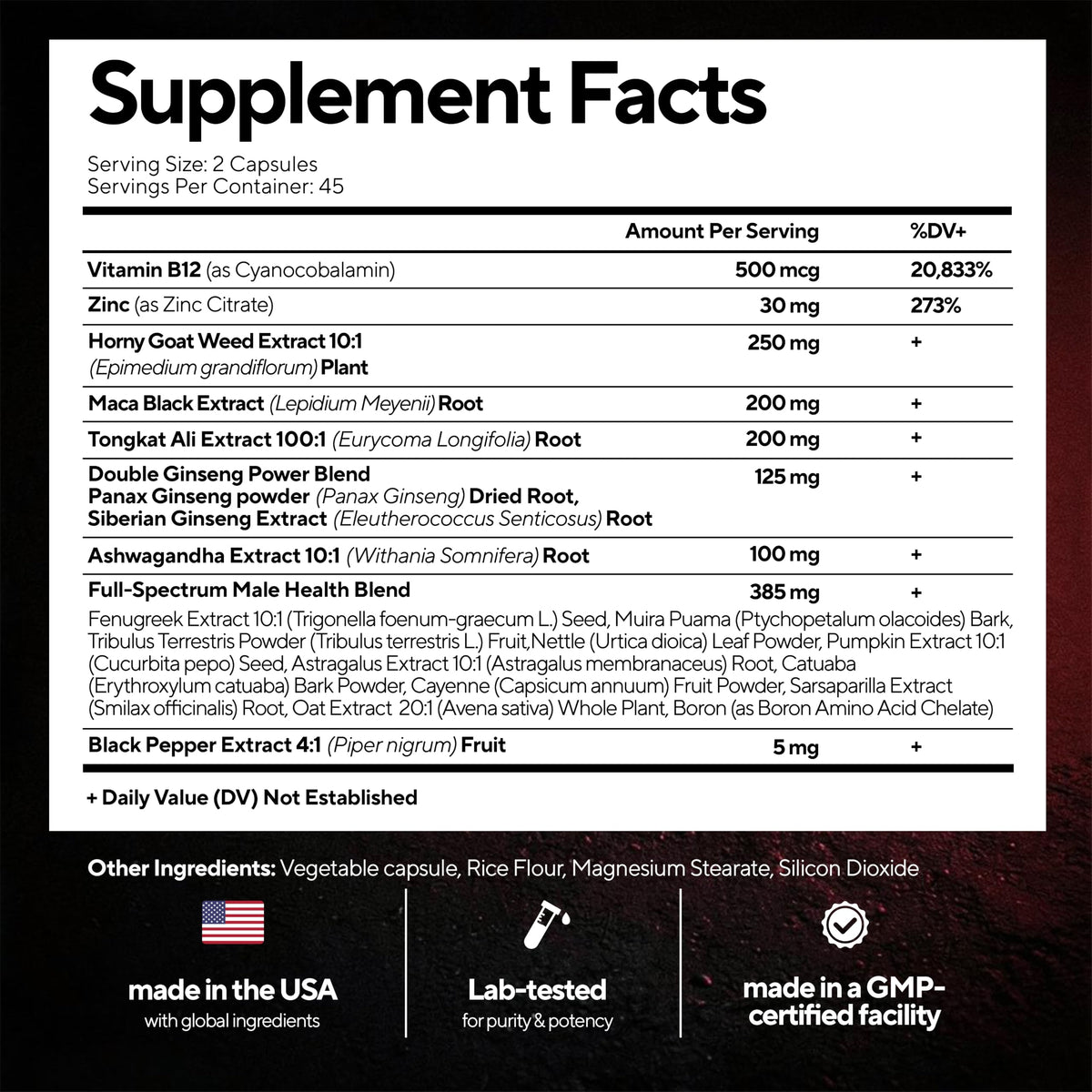 Men Supplements 20 in 1 - Male Supplements with Tongkat Ali, Black Maca Root for Men, Zinc, Vitamin B12, Astragalus for Normal Energy Support - 90 Vegan Caps