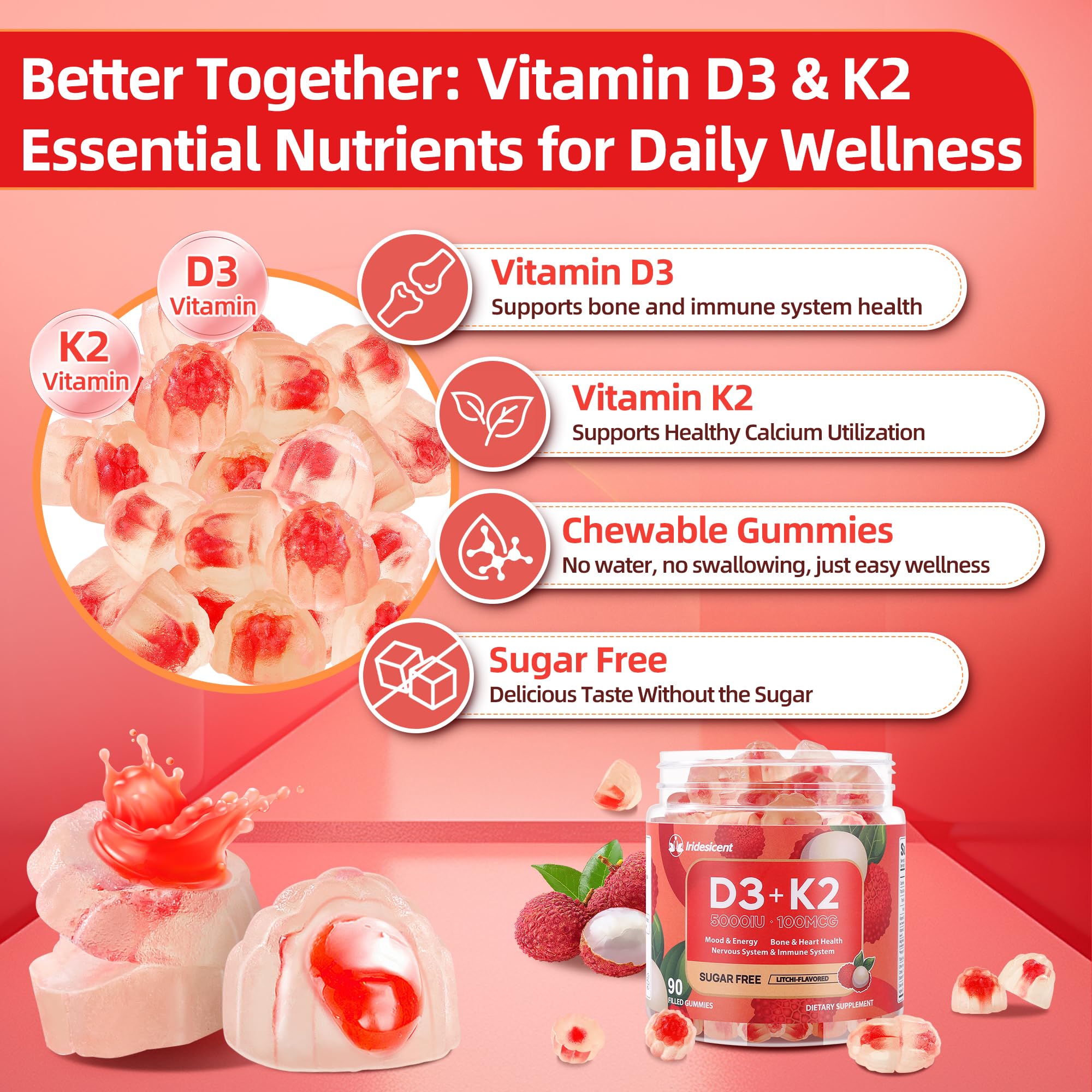 Vitamin D3 K2 Gummies, 5000 IU D3 + 100mcg K2, 90 Count | D3 K2 Supplement with MK-7, Sugar Free Vegan Gummies, Supports Bone Health for Adults, Lychee Flavor