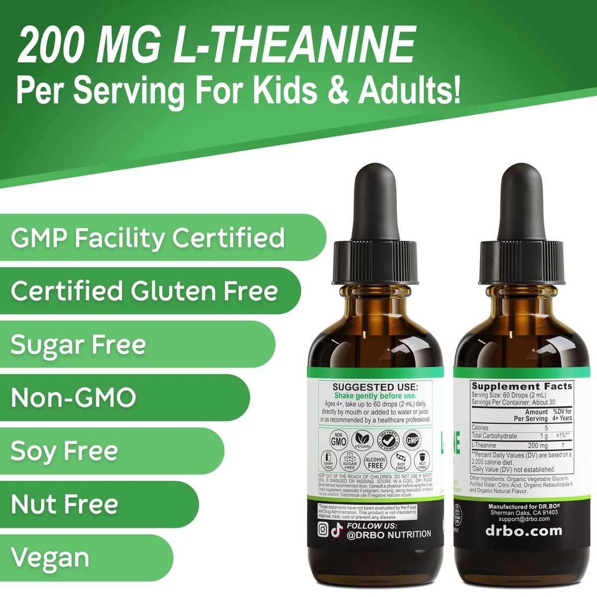 L Theanine 200mg Liquid Drops - Natural Sleep Support & Focus Supplement for Kids & Adults - Vegan, Non-GMO, Gluten Free 200mg Pure L-Theanine Drops Liquid Supplements, Mood Ltheanine for Kids 2 FL Oz