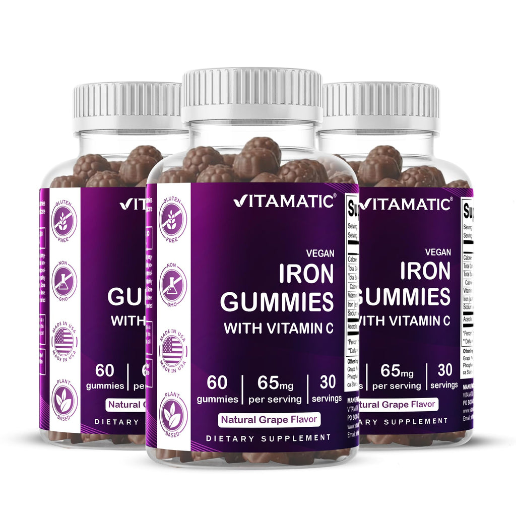 Vitamatic Iron 65 mg with Vitamin C - 60 Vegan Gummies - 3 Pack | 65 mg Iron Per Serving, Natural Grape Flavor, Plant Based, Gluten Free, Non-GMO, Made in USA