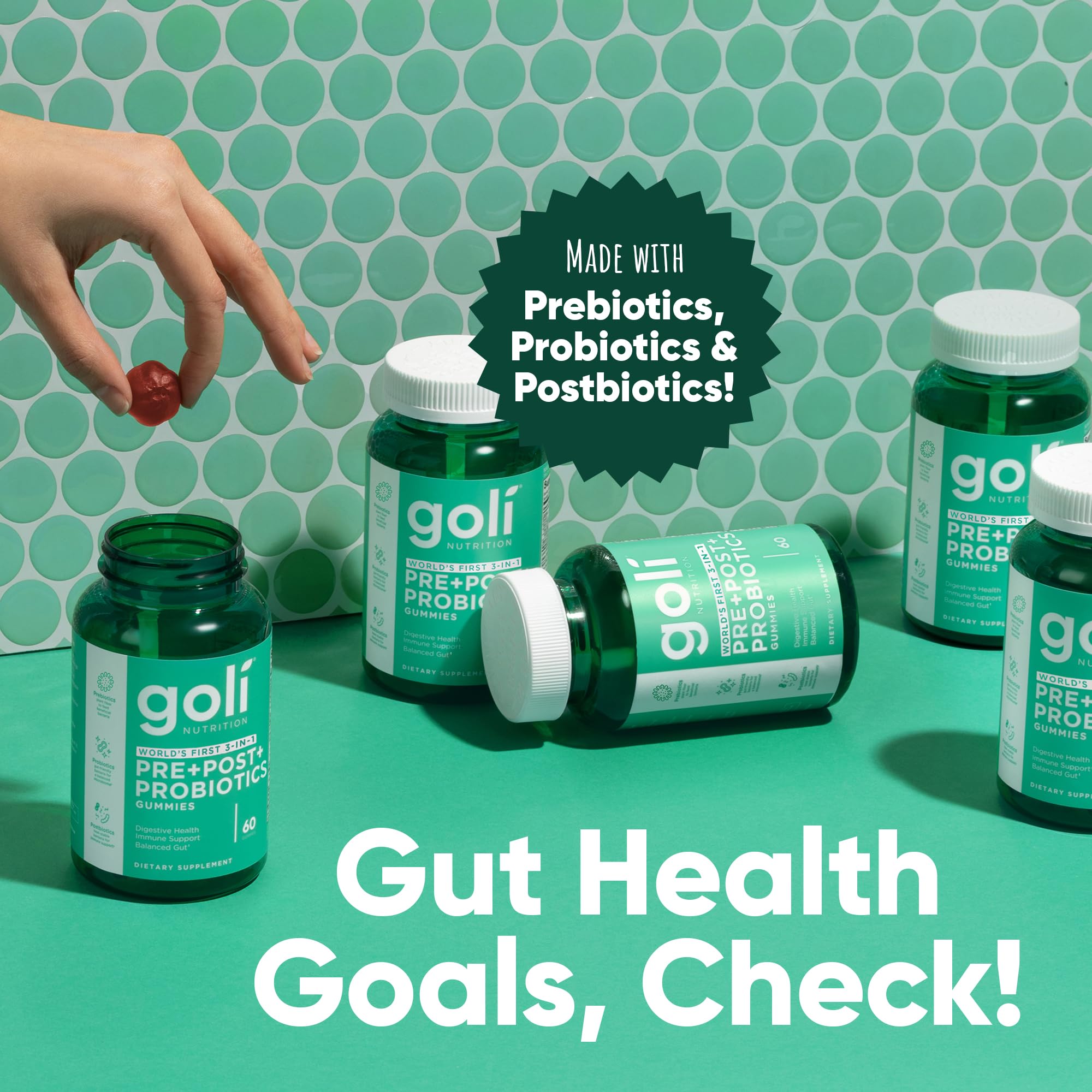 Goli Pre Pro Postbiotic Gummies - Worlds First 3-in-1 Formula with DE111 Probiotics, XOS Prebiotics, MCC1849 Postbiotics - Vegan, Non-GMO, Gluten-Free, 180 Count (3 Pack)