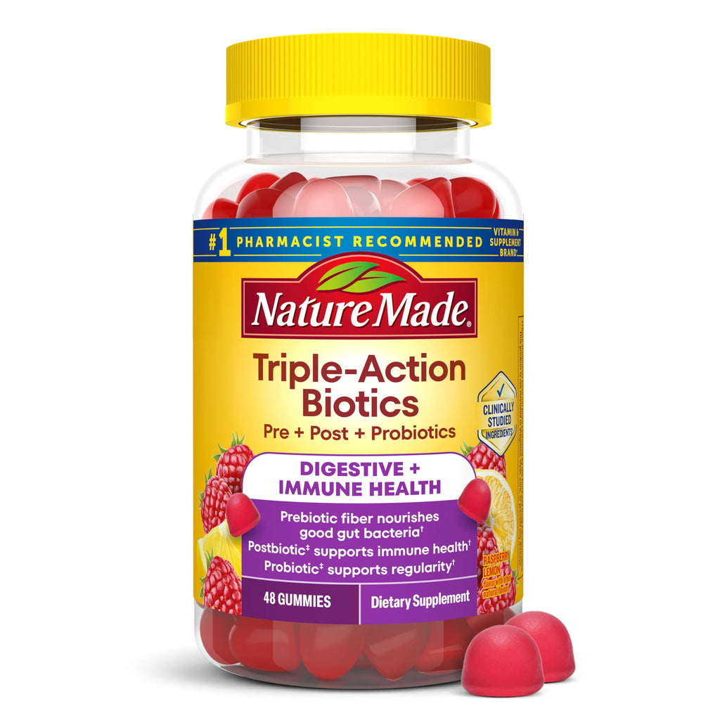 Nature Made Triple-Action Biotics, Prebiotic Fiber Gummies, 48 Gummies | Digestive Probiotics for Women and Men, Gut and Immune Health Support, Vegetarian, Raspberry Lemon Flavor, 24 Day Supply
