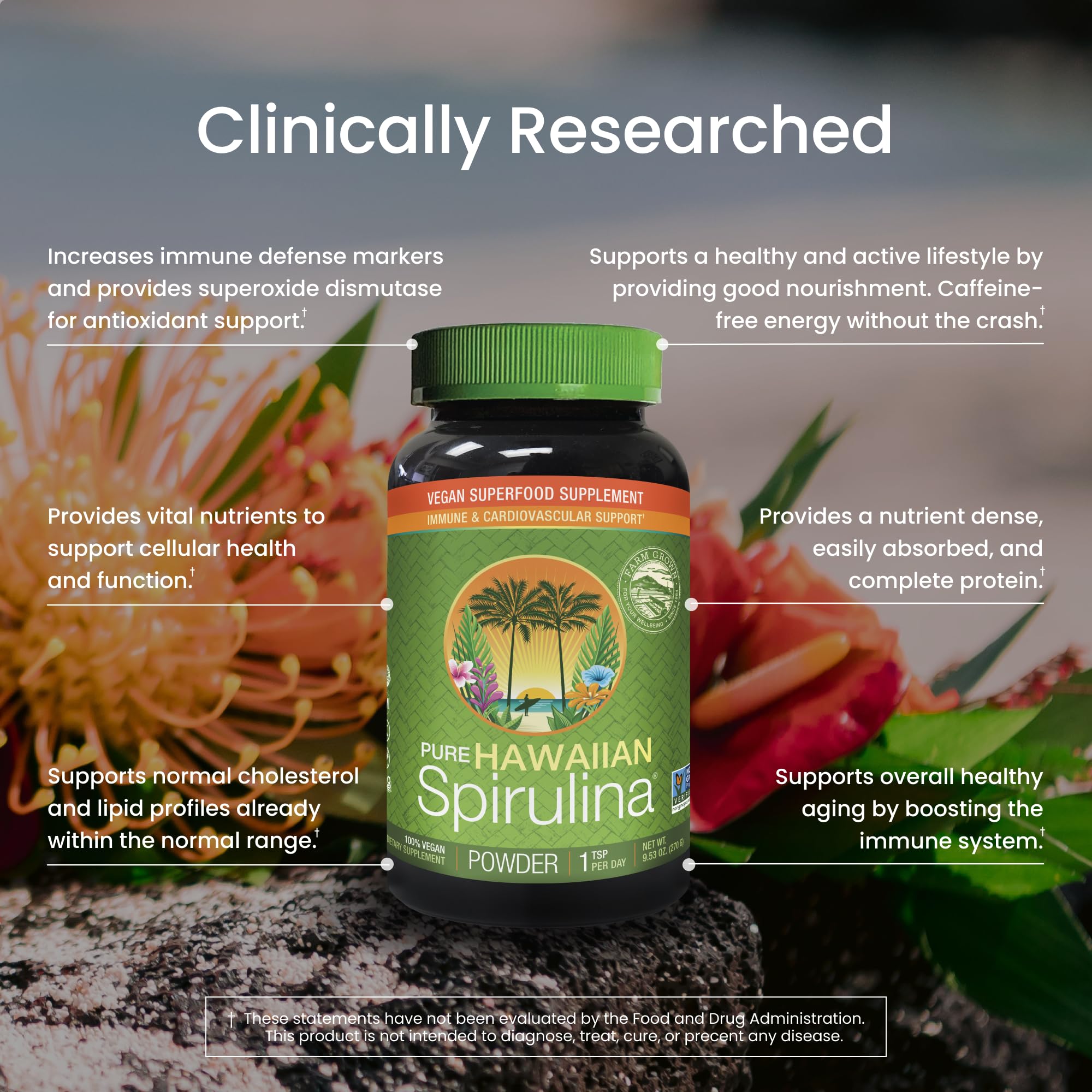 Nutrex Hawaii Pure Hawaiian Spirulina Powder, Vegan, Non-GMO, 9.53 oz | Spirulina Farm Grown in Kona, Hawaii, Non-GMO, Glyphosate Residue Free, 3rd Party Tested, 60% Protein, Superfood Supplement
