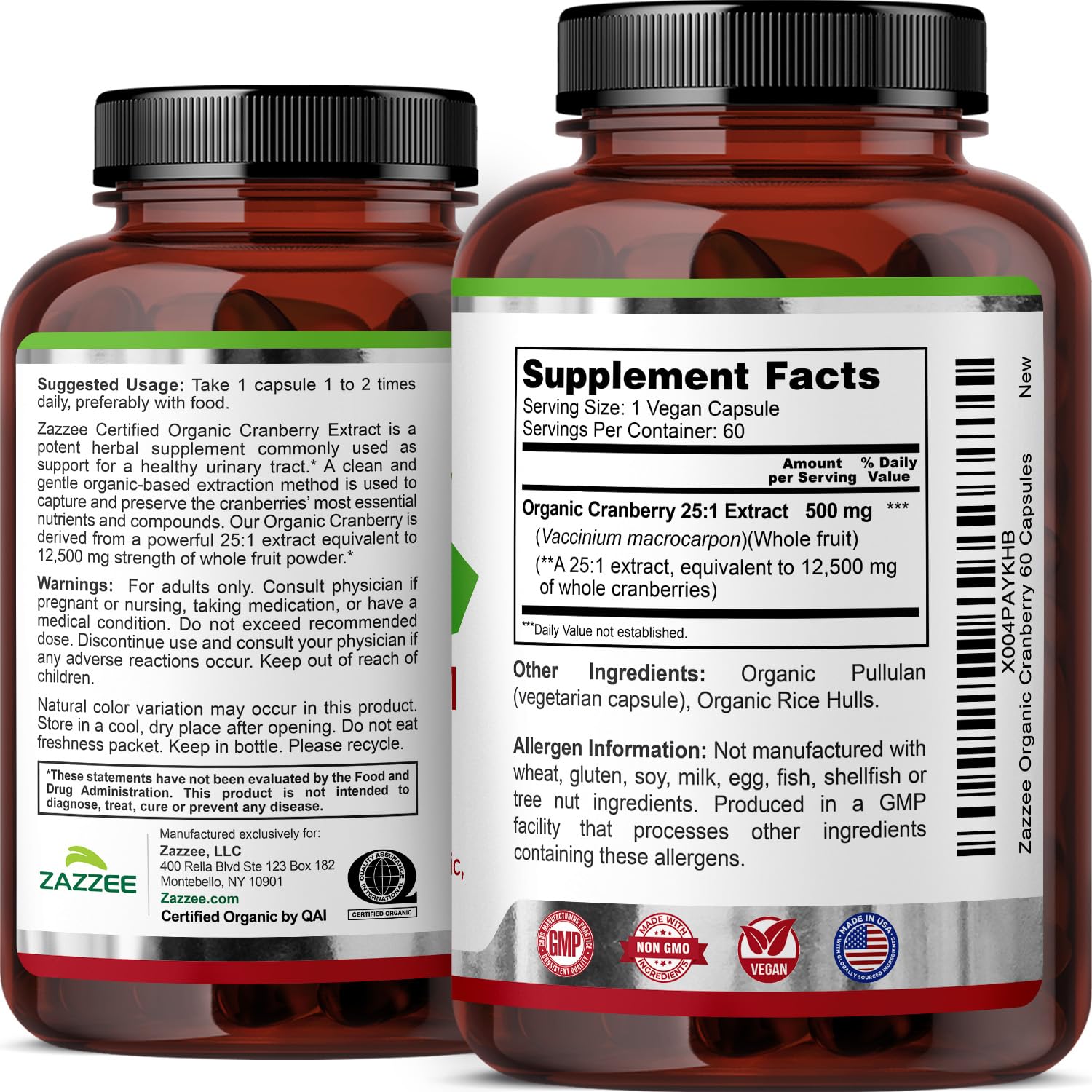 Zazzee USDA Organic Cranberry 25:1 Extract, 500 mg per Capsule, 60 Capsules | Vegan, 2 Month Supply, Certified Kosher, Vaccinium Macrocarpon, Non-GMO, Made in the USA