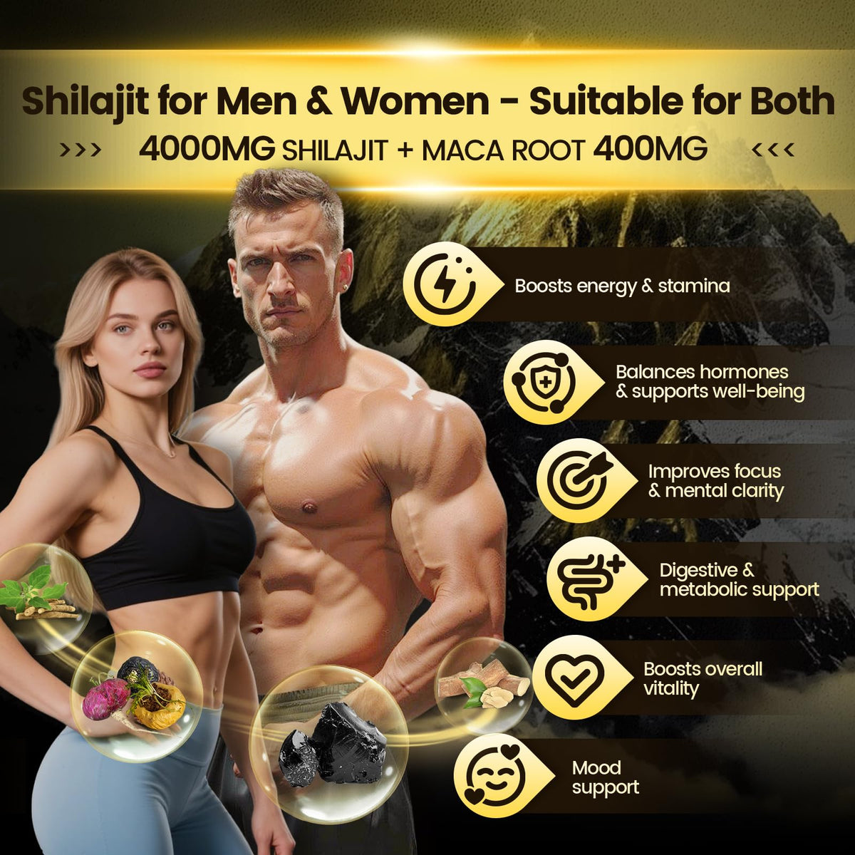 Himalayan Shilajit Gummies with Ashwagandha & Gokshura | 85+ Trace Minerals & Fulvic Acid | Organic, Non-GMO Micronutrient Supplement for Men & Women | 100% Pure & Natural(4kMG /1 Bag)