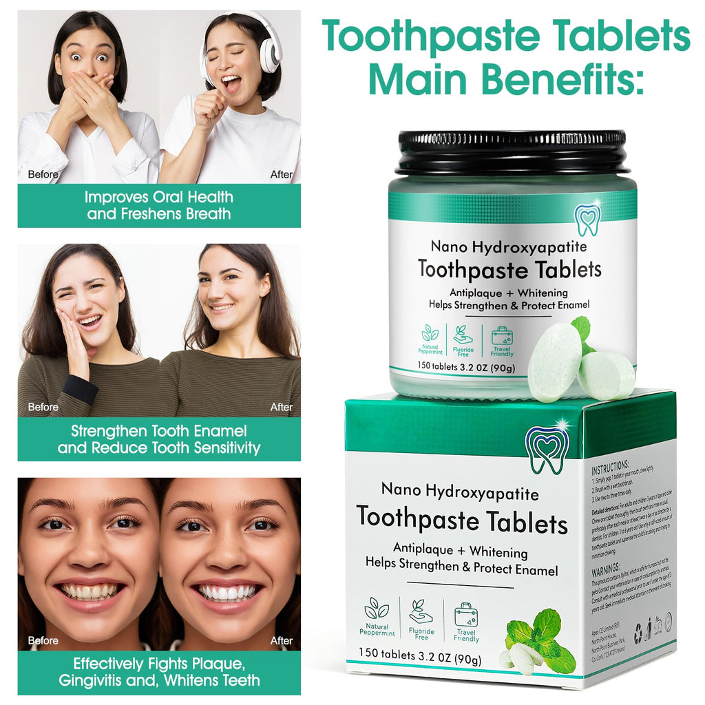 Toothpaste Tablets 150P-Nano Hydroxyapatite Toothpaste Chewable Toothpaste Tablets for Sensitive Teeth,Flouride&Plastic Free Friendly Travel Tabs,Whitening Teeth&Freshens Breath