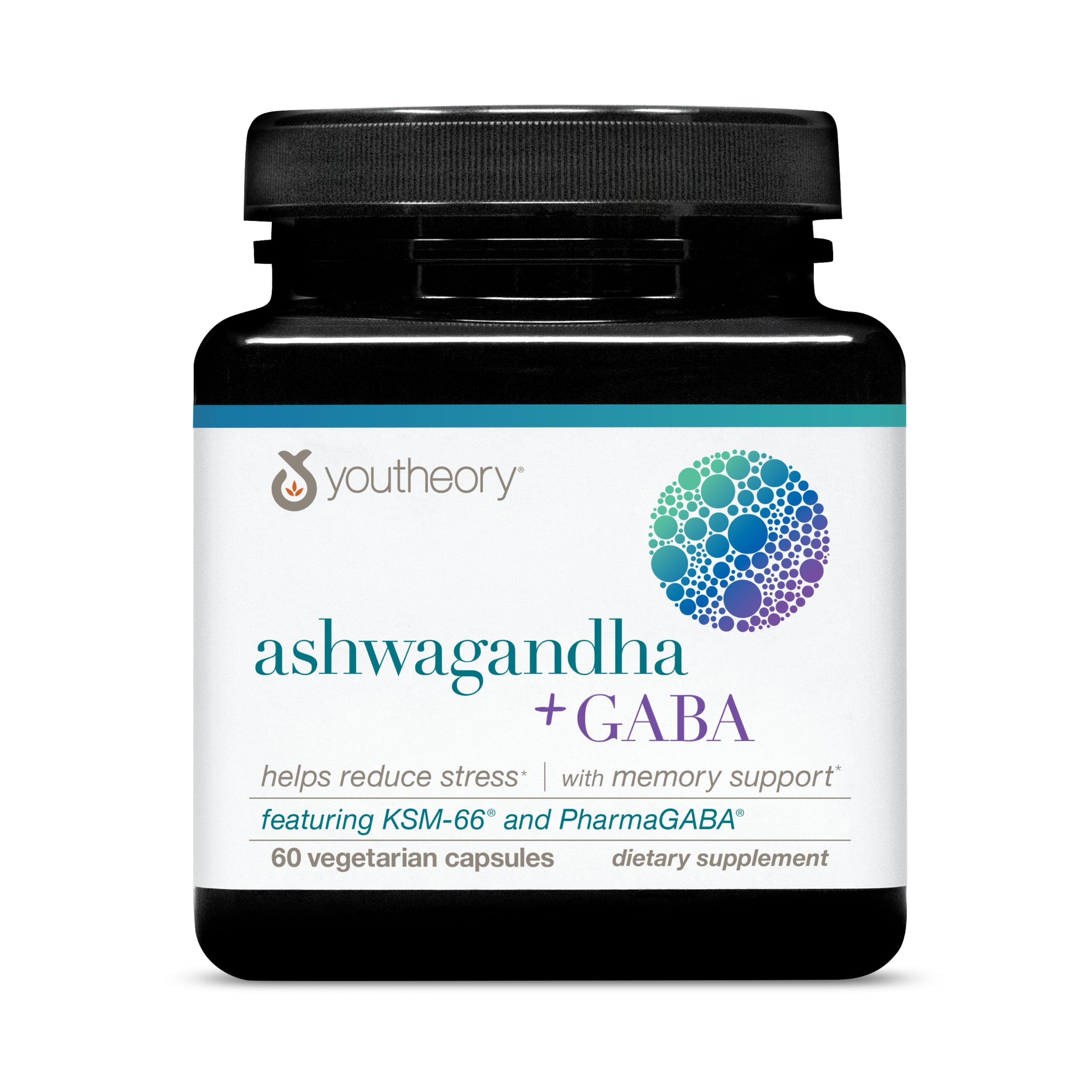 Youtheory Ashwagandha + GABA, 60 Vegetarian Capsules, 30-Day Supply | Adaptogenic Blend with Organic KSM-66 Ashwagandha and Ginger, Aids Stress Relief and Mood*, Supports Energy Levels*