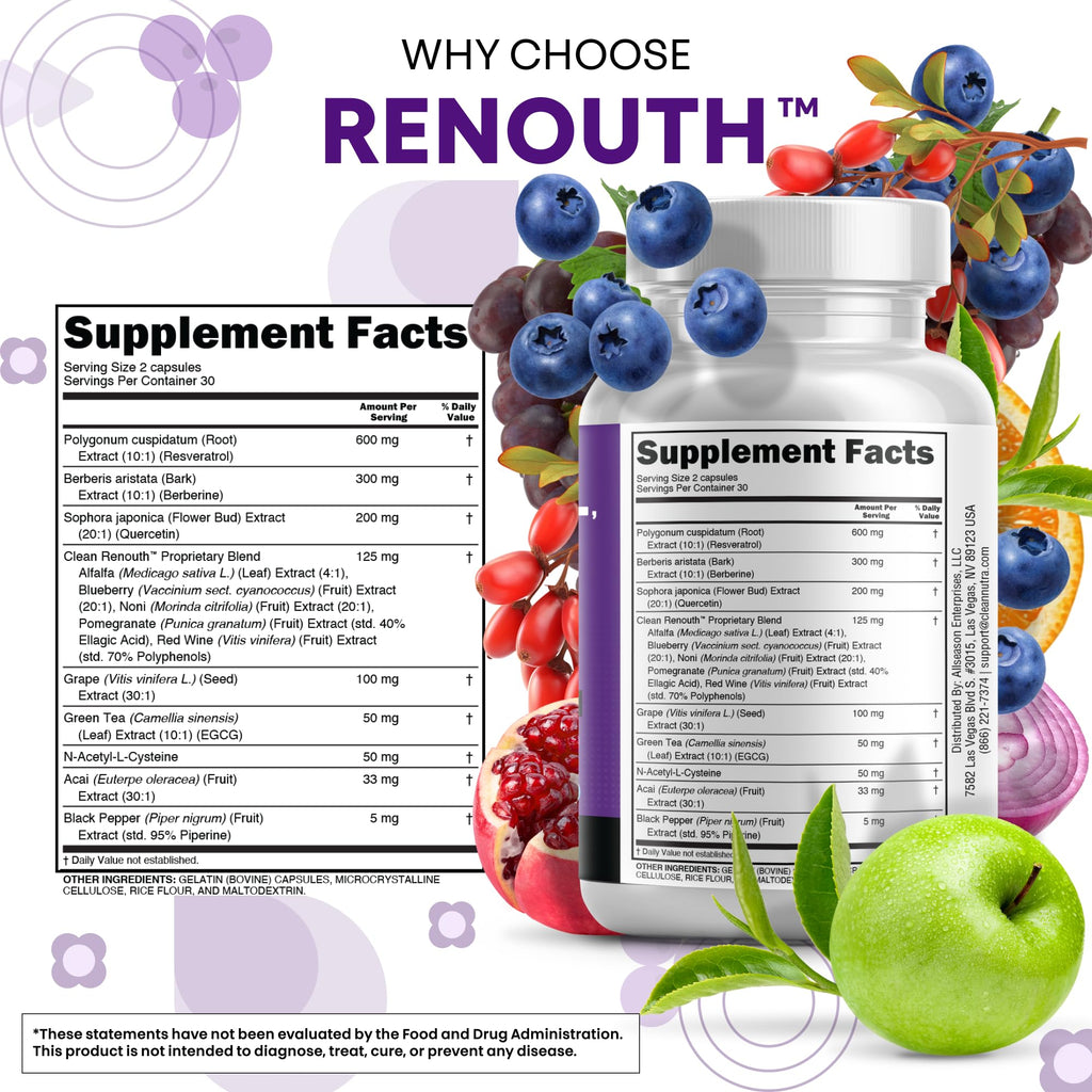 Clean Resveratrol Supplement | Berberine Grape Seed Extract Quercetin Green Tea Extract Acai Noni Polyphenol Supplement for Women & Men N-Acetyl Cysteine