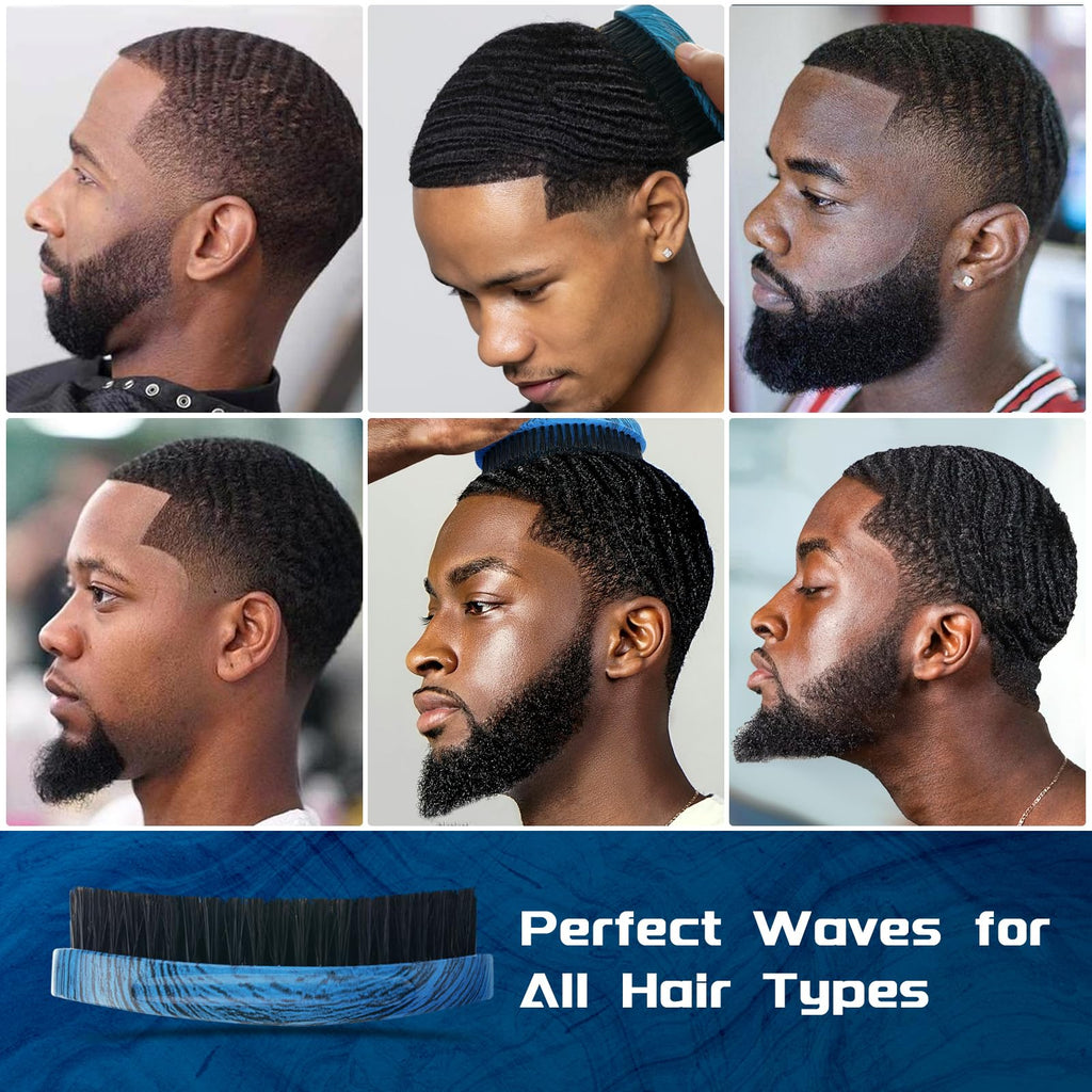 360 Curved Wave Brush For Men & Beard - Medium Hard Palm Wave Hair Brushes Wave Styler Great for Wolfing - Made with Beech Mix Boar & Nylon Bristle Brush for Barbers & Daily Use Black Hair (Blue)