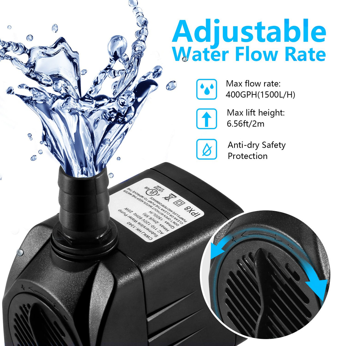 CWKJ 400GPH Submersible Fountain Water Pump for Pond Aquarium Hydroponics