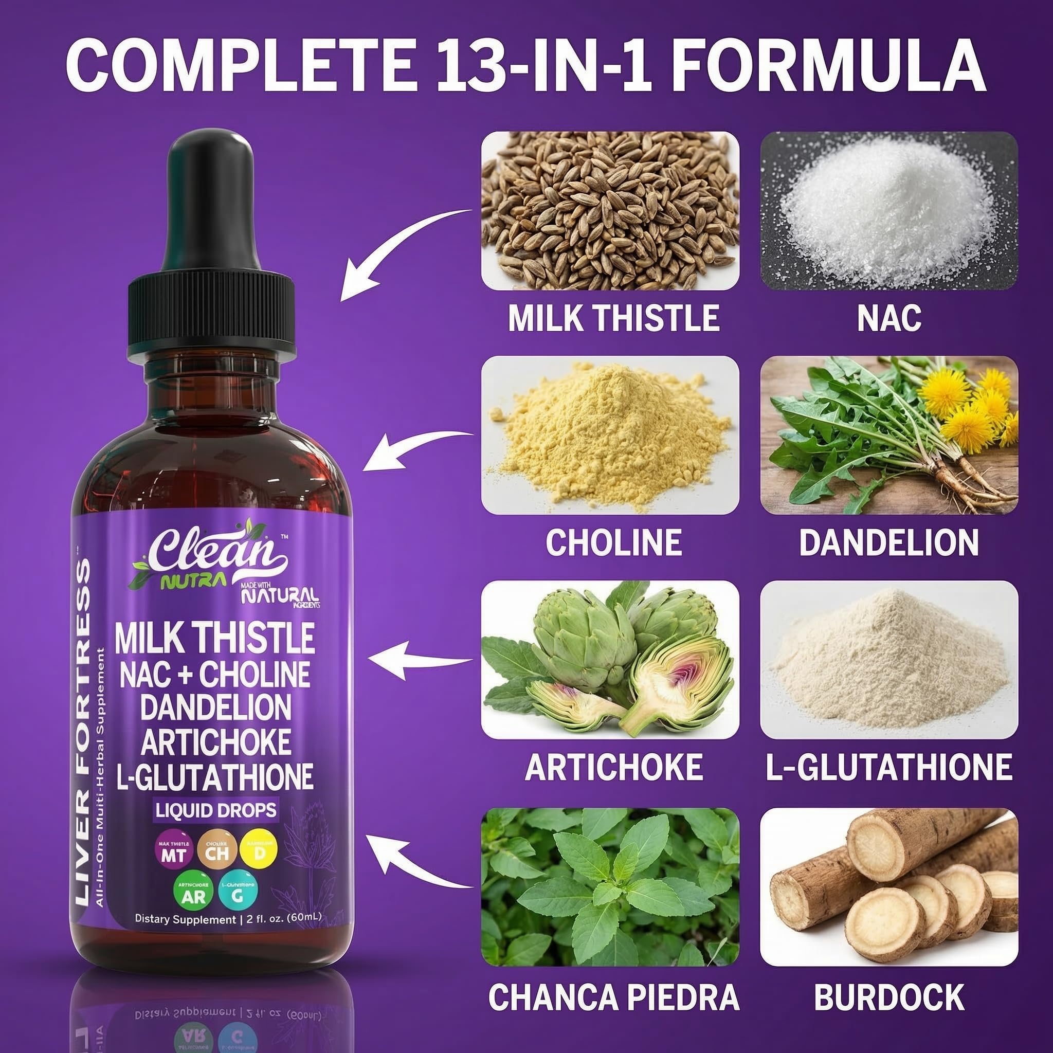 Clean Nutraceuticals Milk Thistle NAC Liver Cleanse Detox & Repair Supplement Liver Support Liquid Drops with Dandelion Extract, Artichoke, Chanca Piedra, Choline, L-Glutathione, Burdock, Schisandra