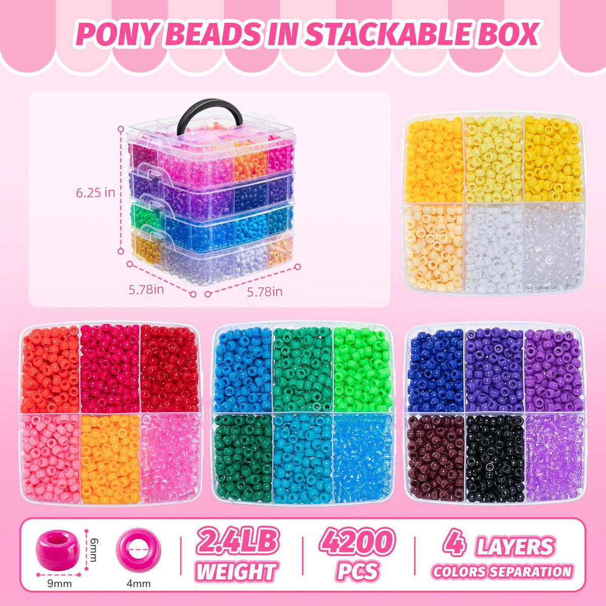 Simetufy 4200Pcs Pony Beads Bulk 24 Colors Rave Kandi Bracelet Making