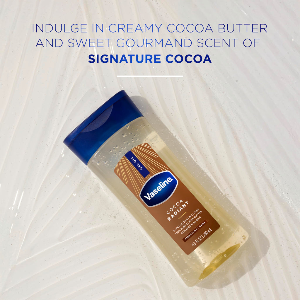 Vaseline Intensive Care Cocoa Radiant for Glowing Skin Body Gel Oil Made with Pure Cocoa Butter + Replenishing Oils 6.8 fl oz | Body moisturizer for dry skin, with 100% Pure Cocoa Butter & Replenishing Oils for a healthy glow, Intensive Care