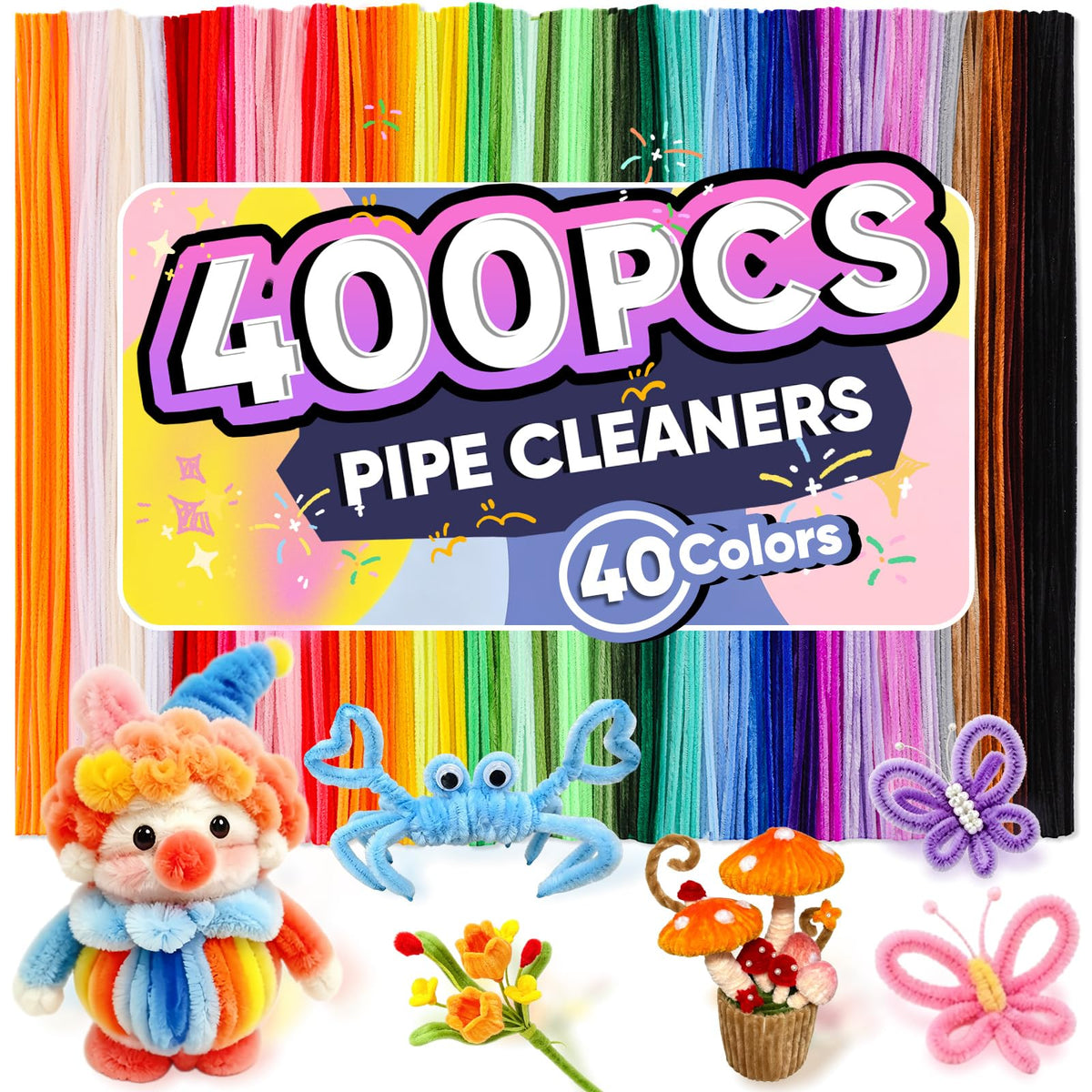 400 PCS Pipe Cleaners Bulk, 40 Colors Chenille Stems Pipe Cleaners Craft