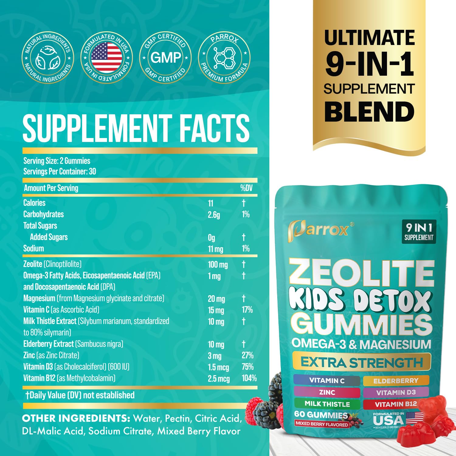 Zeolite Kids Detox Gummies, 9-in-1 Sugar-Free, Mixed Berry, 2 Pack | Extra Strength with Zeolite, Omega-3, Magnesium, Elderberry, Vitamin C, Milk Thistle, Vitamin D3, Zinc, B12